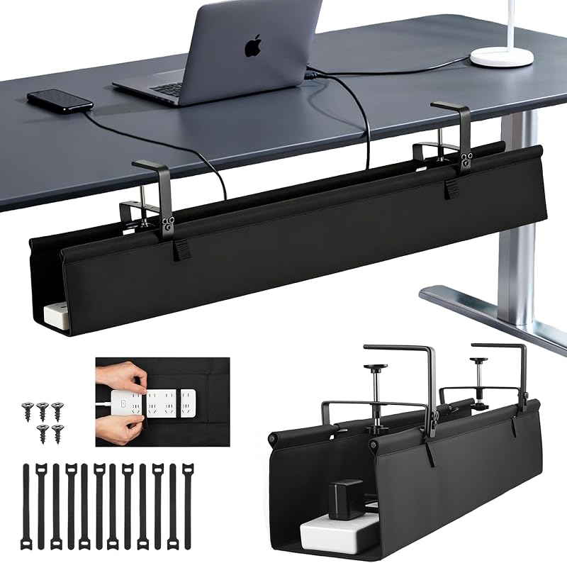 Oxford Cloth Under Desk Cable Management Tray,No-Drill 36" Desk Cable Management Organizer with Clip/Screw Installation,Fabric Cable Management for Home,Office & Gaming Computer(Black)
