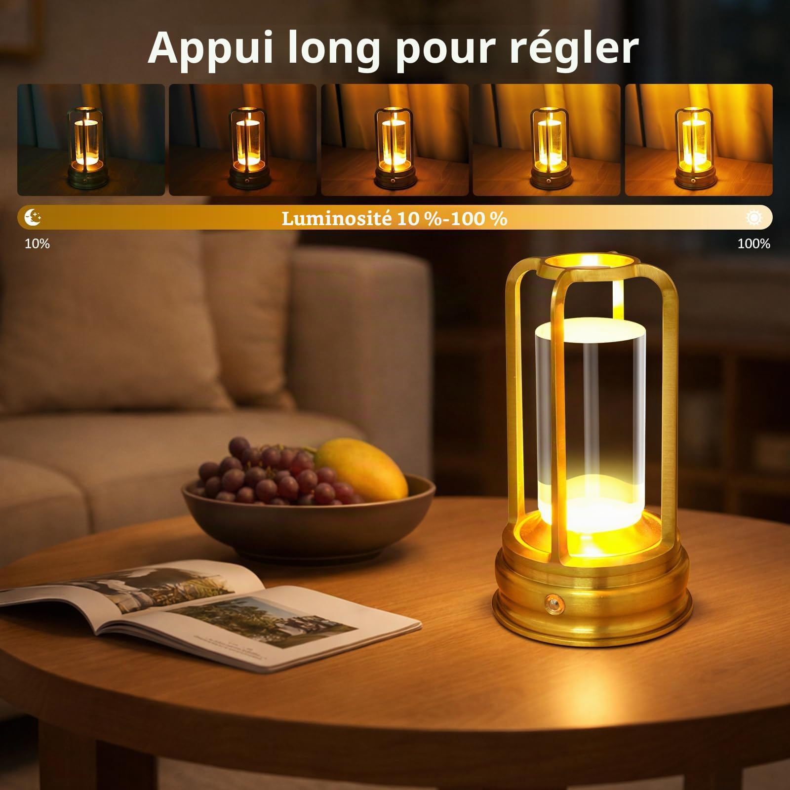 Kangtaixin Lampe de table rechargeable sans fil, lampe tactile LED portable avec 3 niveaux de luminosité, batterie 2000mAh, pour extérieur, jardin, restaurant et camping, or, lot de 2