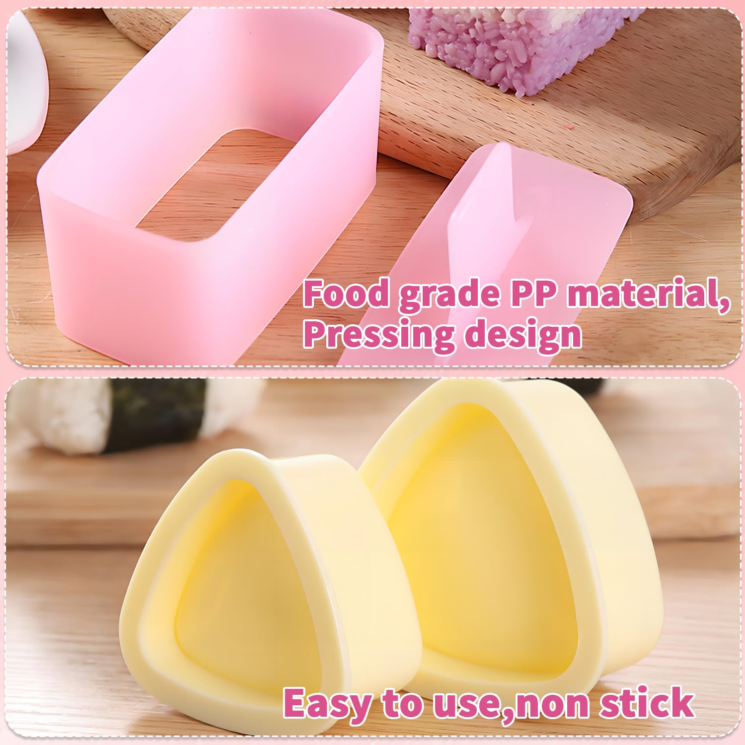 Qiifaiikooii 3 Pack Onigiri Mold, Rice Ball Mold Musubi Maker Kit for Home DIY, Non Stick, Yellow Pink, Silicone, Triangular