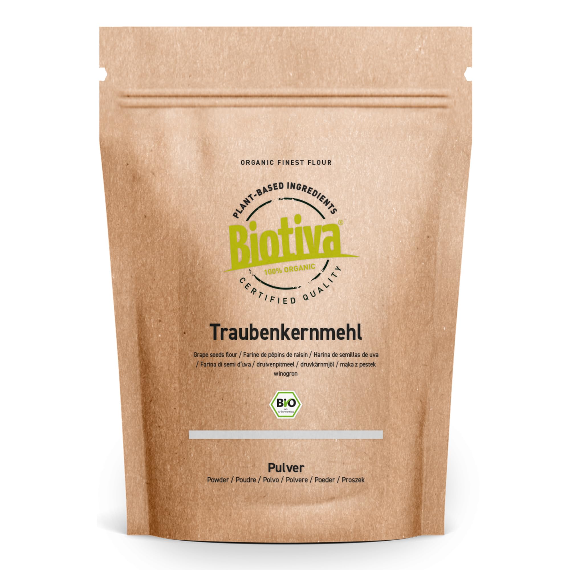 Biotiva Harina de semillas de uva orgánica 1kg sin gluten sin soja sin lactosa