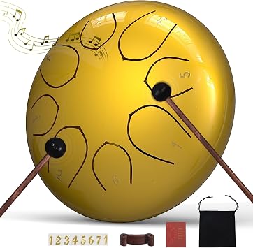 Rain Drum for Outside Garden, 6 Inches 8 Notes Steel Tongue Drums, Waterproof Meditation Rain Chime, Musical Instruments for Adult Gift with Bag, Music Book, Mallets Gold