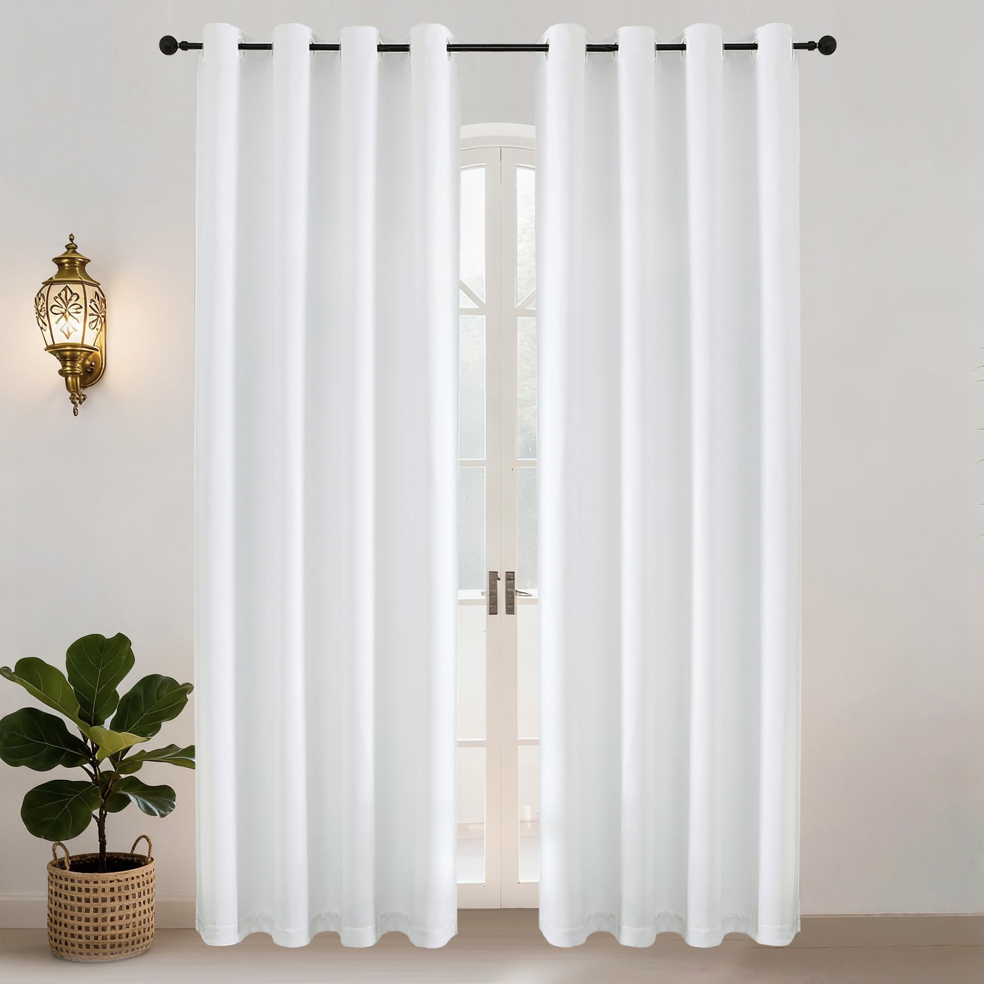 Simplebrand Ava Pure White Eyelet Light Filtering Curtains for Living Room 229 cm Length 2 Panels Set, Solid Thermal Insulated Privacy Bedroom Window Treatment Curtains Drapes, W 140 cm x L 229 cm
