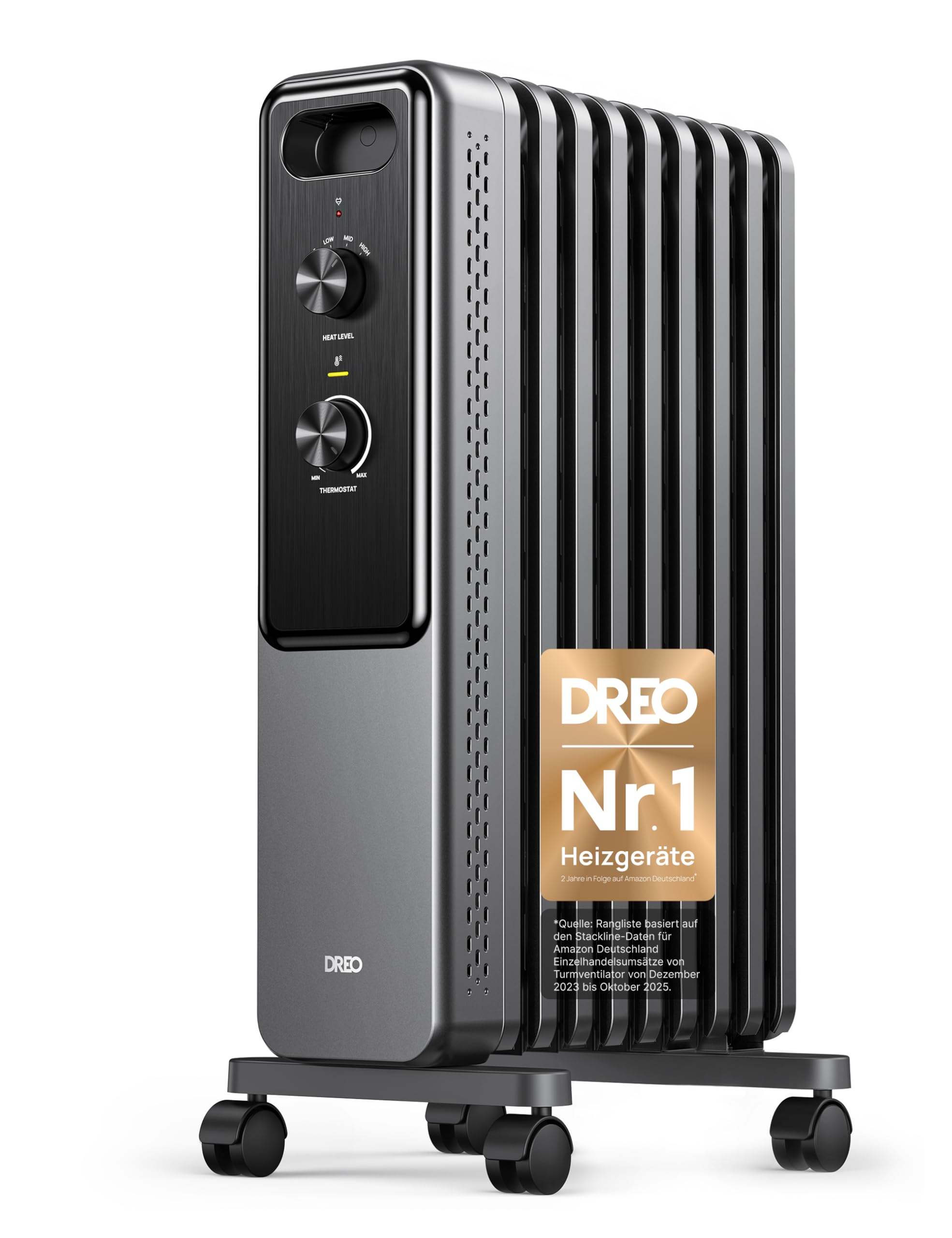 Dreo Ölgefüllter Radiator-Heizkörper mit 9 Rippen, 2000W Leiser Elektrischer Heizstrahler fürs Schlafzimmer, Überhitzungs- & Kippschutz, Einstellbares Thermostat, Kindersicherung, Energiesparend