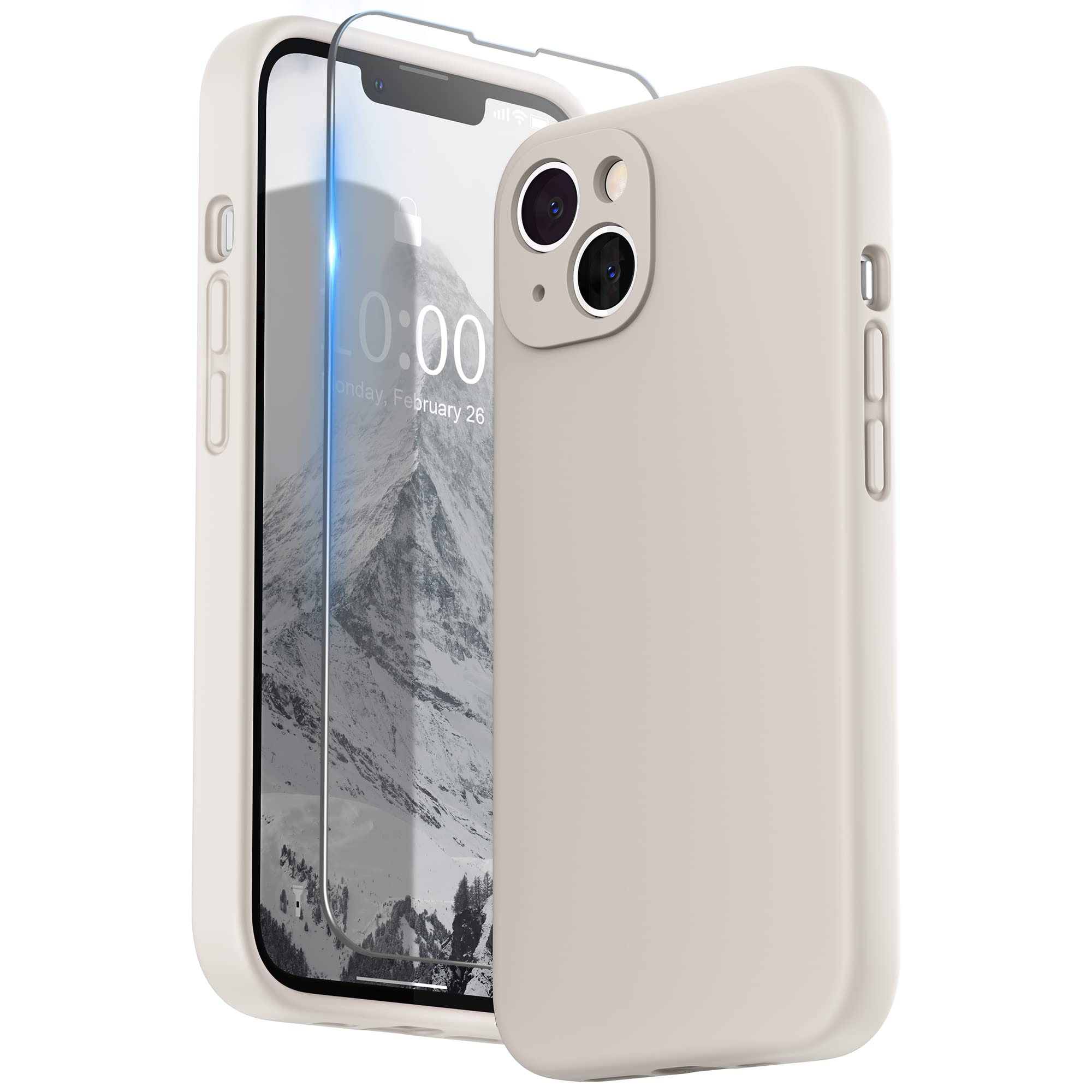SURPHY Cover per iPhone 13 con Vetro Temperato (6,1"), Custodia per iphone 13 Silicone con Protezione Fotocamera, case protezione Completa,Antiurto, Morbida Microfibra Antigraffio(Pietra Beige)