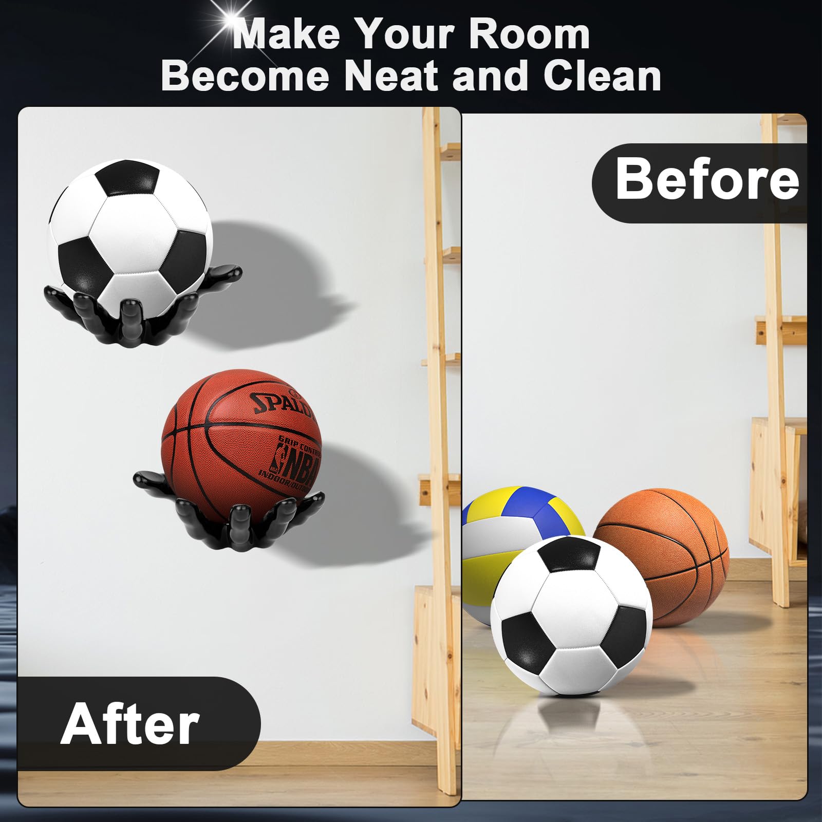 POFIBO Supporto da parete – 2 scaffali portaoggetti a mano per palline, supporto creativo per palloni, supporto da parete per pallacanestro, pallavolo, calcio