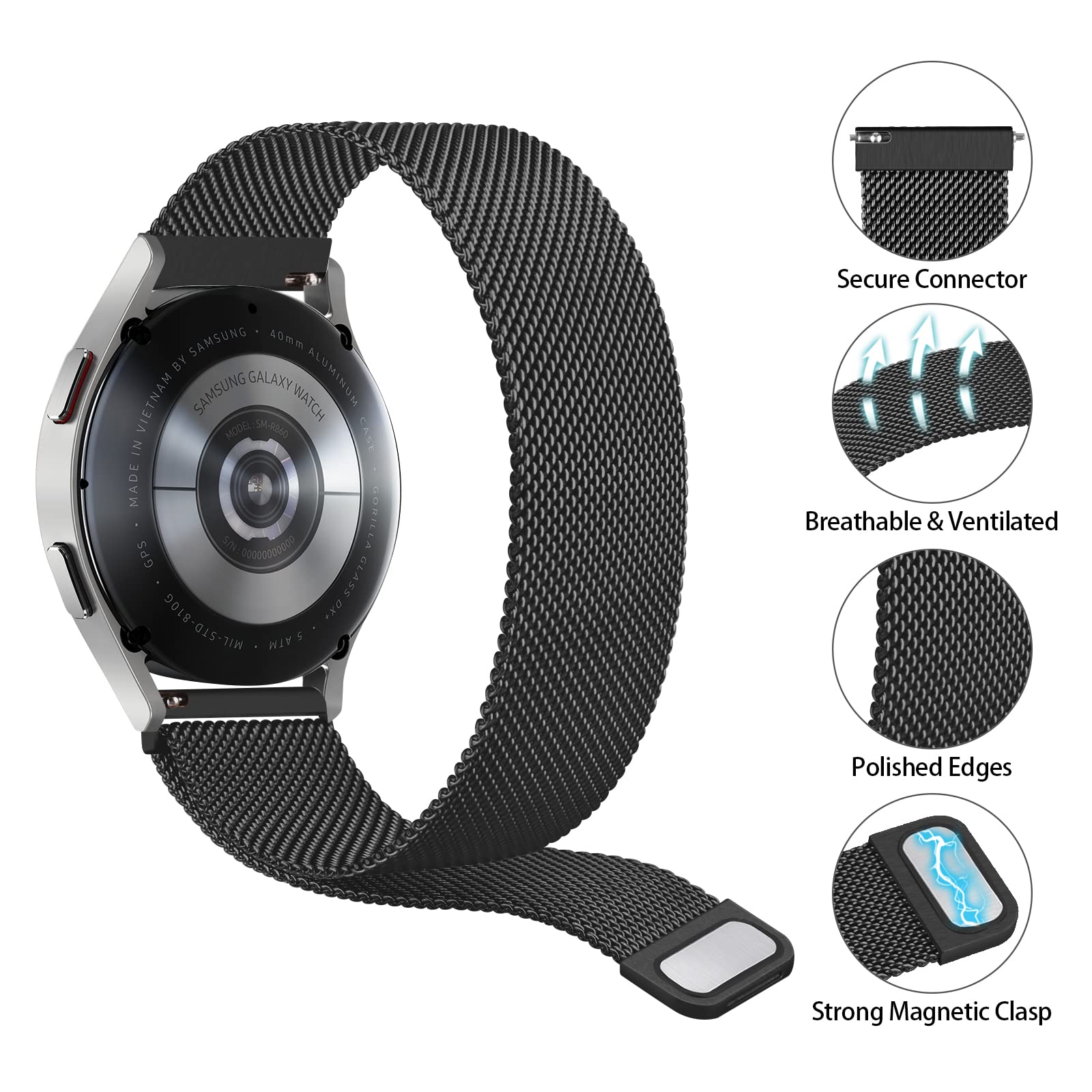 Metal Bands Compatible with Samsung Galaxy Watch 5 Band 40mm 44mm, Galaxy Watch 5 Pro Bands 45mm, 20mm Stainless Steel Replacement Strap for Galaxy Watch 5 Band Women Men (Black)