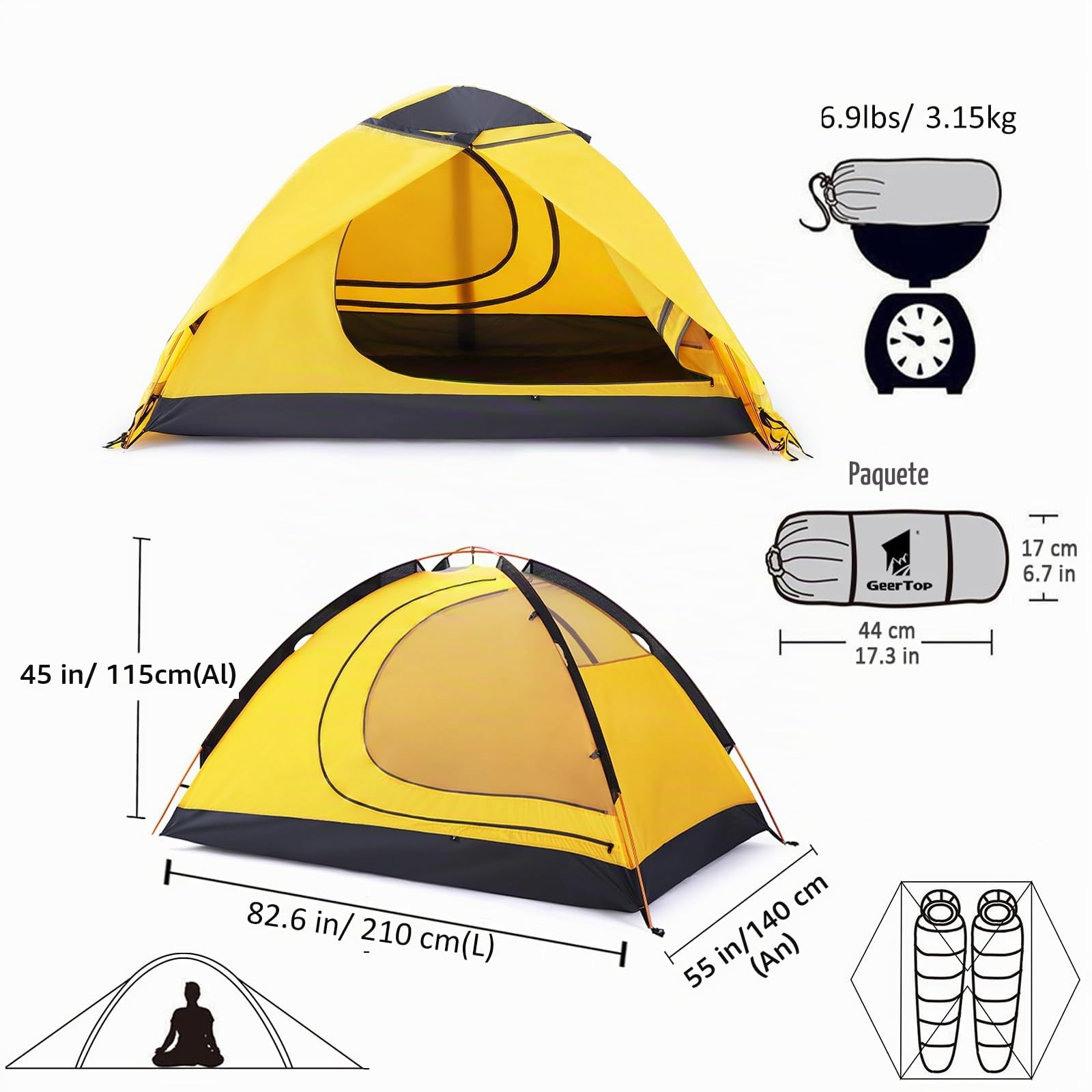 GEERTOP Tienda de campaña para 2 Personas, 4 Estaciones Impermeable Doble Capa Tienda de Camping para Caza, Senderismo, Escalada, Viajes, fácil configuración