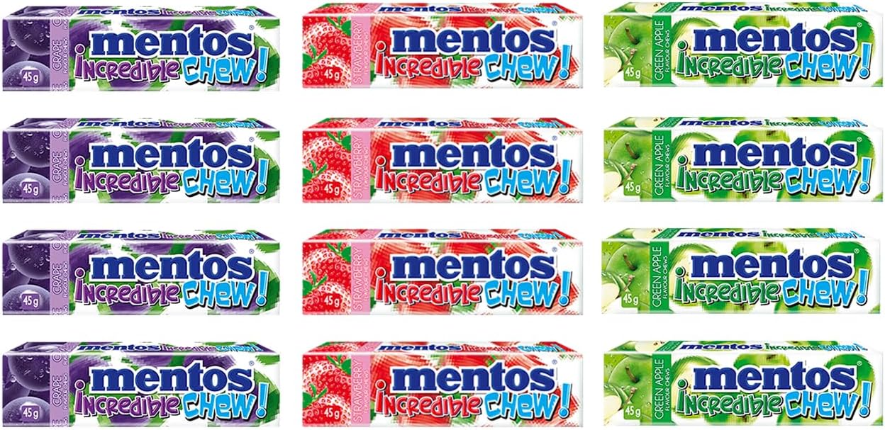 12 Incredible chew candy - variety party pack chewy fruity flavor, each unit 1.6 ounce (4 strawberry, 4 grape, 4 green apple)