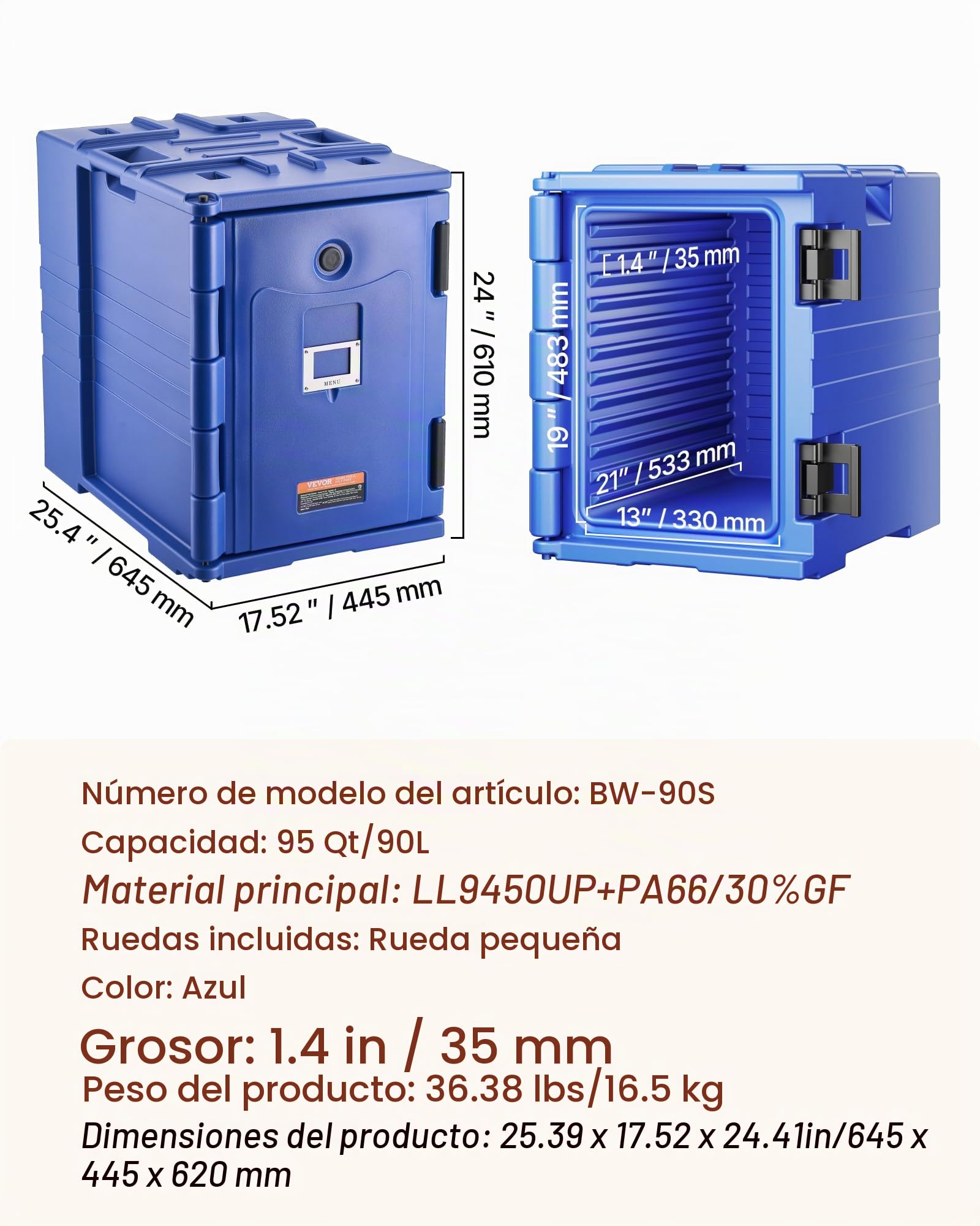 VEVOR Caja Térmica para Alimentos con Aislamiento de 90 L para Catering, Caja para Alimentos con Hebillas Dobles, Carga Frontal con Asas, para Restaurantes y Cantinas, 645 x 445 x 620 mm, Azul