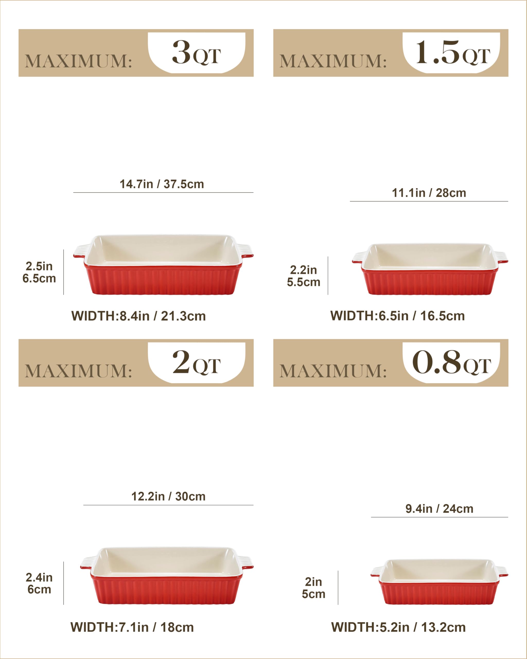 Bakeware MALACASA Porzellan-Backformen-Set für Ofen, Auflaufform, Keramik, rechteckig, Lasagne-Pfannen zum Kochen, Kuchen, Abendessen, Küche, Rot (24,1 cm/28,6 cm/32,4 cm/36,8 cm)