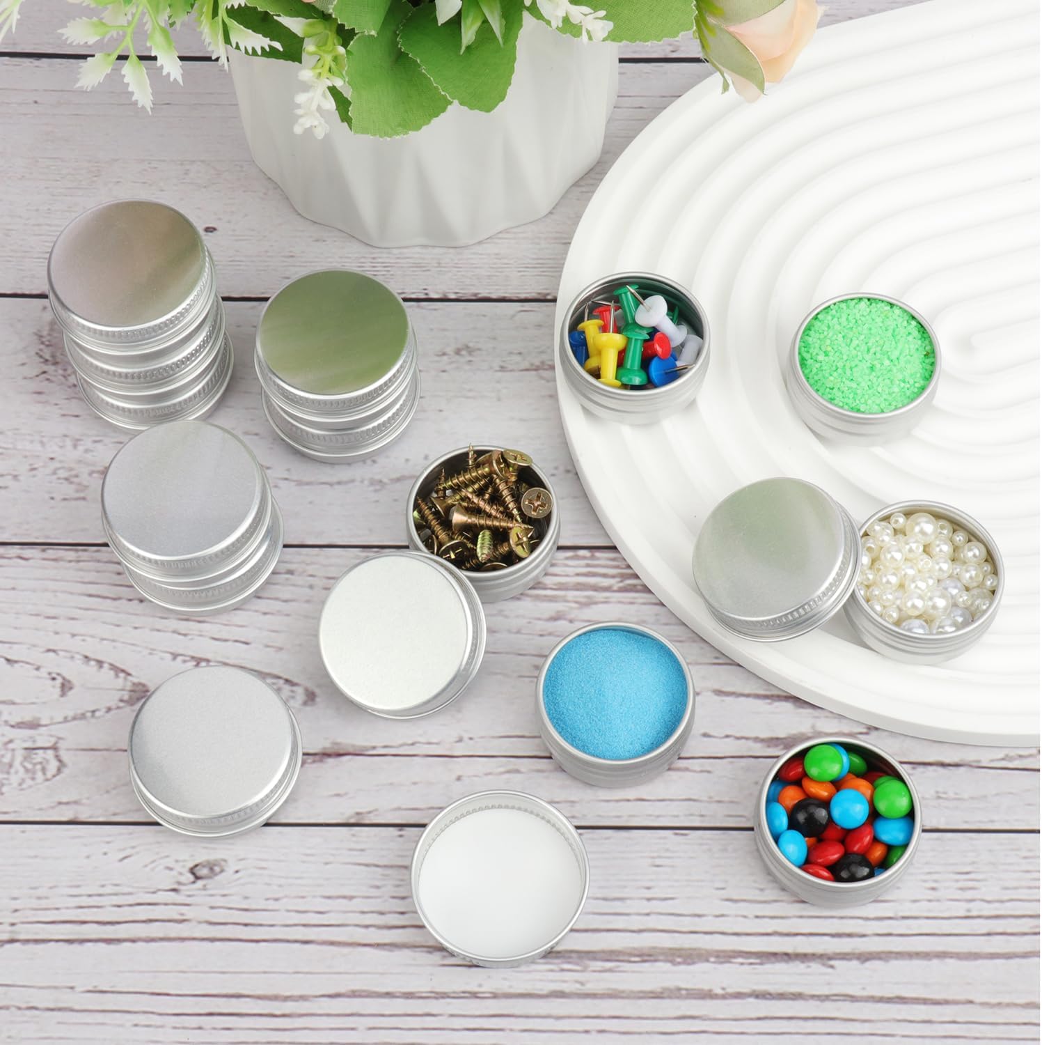 110 PCS 1/2 Ounce Aluminum Tins with Screw Tops, Round metal tin with Screw Lids, 1/2 oz Round Cans with Lid for Cosmetics, Lip Balm, Spices, and More(silver)