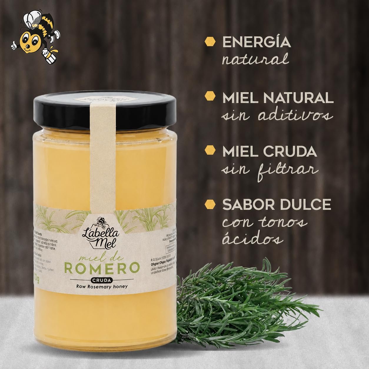 L'Abella Mel | Miel Cruda de Romero 100% Natural | Miel Pura de Abeja Española Sin Pasteurizar Sin Filtrar | Recolección Manual | Apicultura Familiar Directa del Apicultor | 1 kg