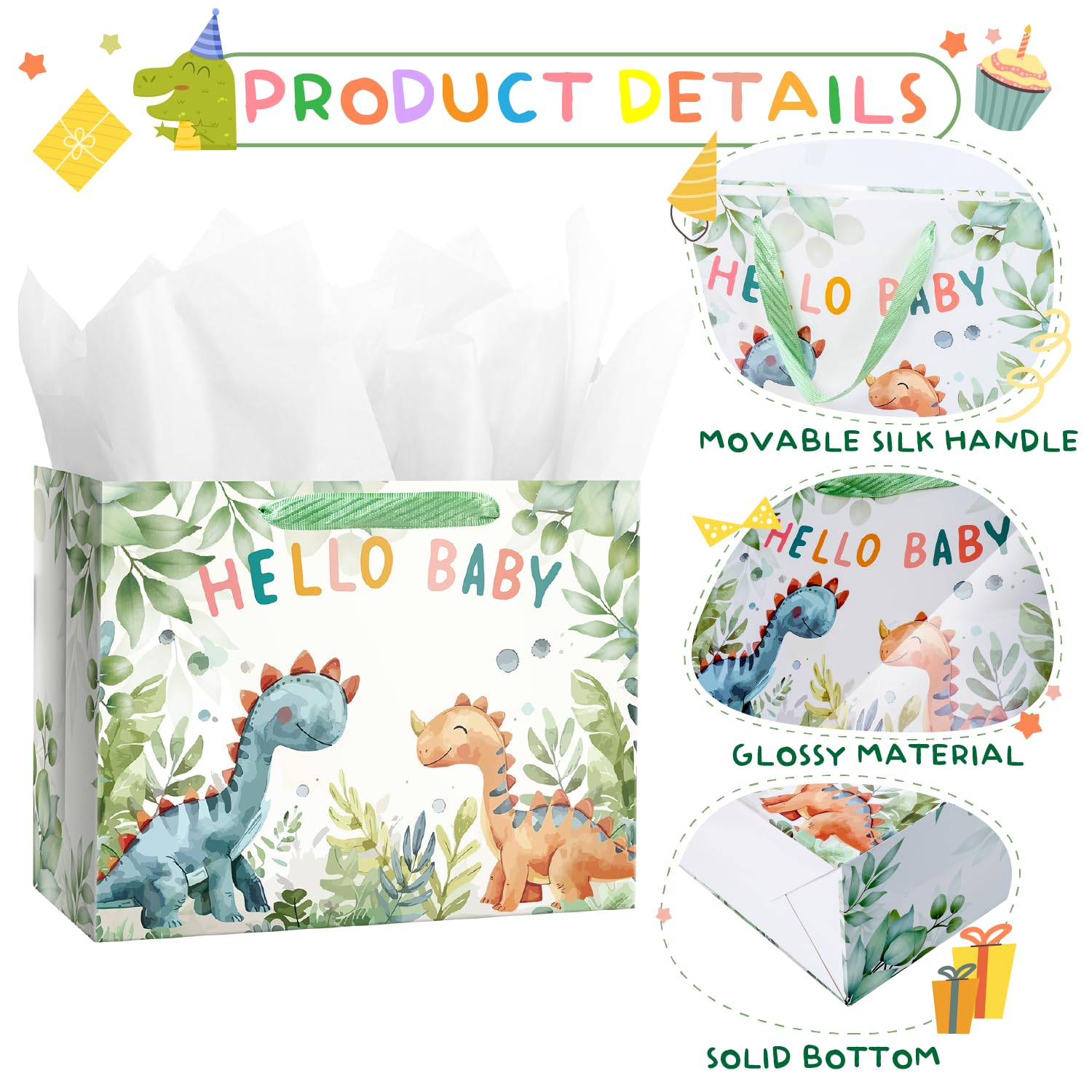 Linelglobal Dinosaur Gift Bag with Tissue Paper – Perfect for Boys, Girls, Kids' Birthdays & Baby Showers