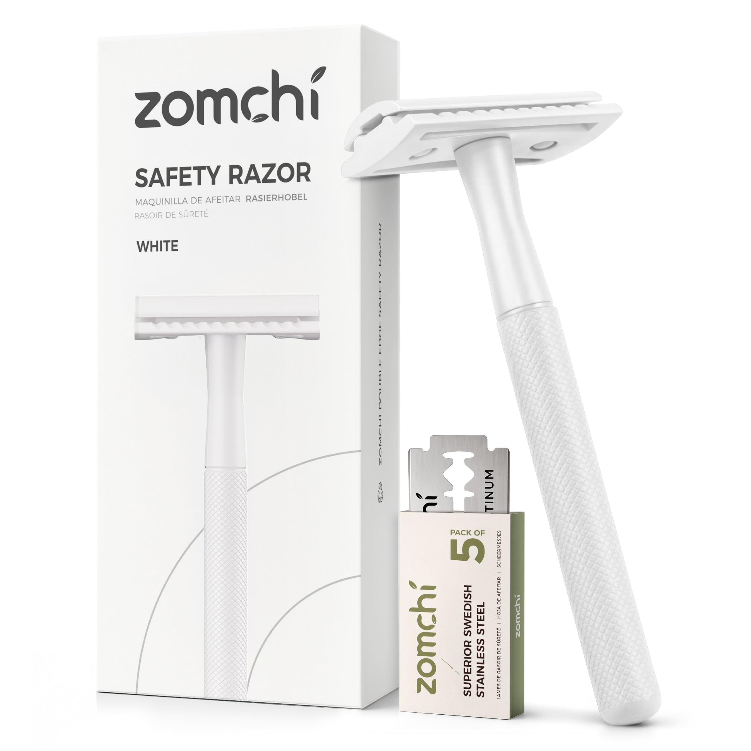 ZOMCHI Double Edge Safety Razor for Men & Women, Metal Razor with 5 Double Edge Safety Razor Blades, Single Blade Razor – White