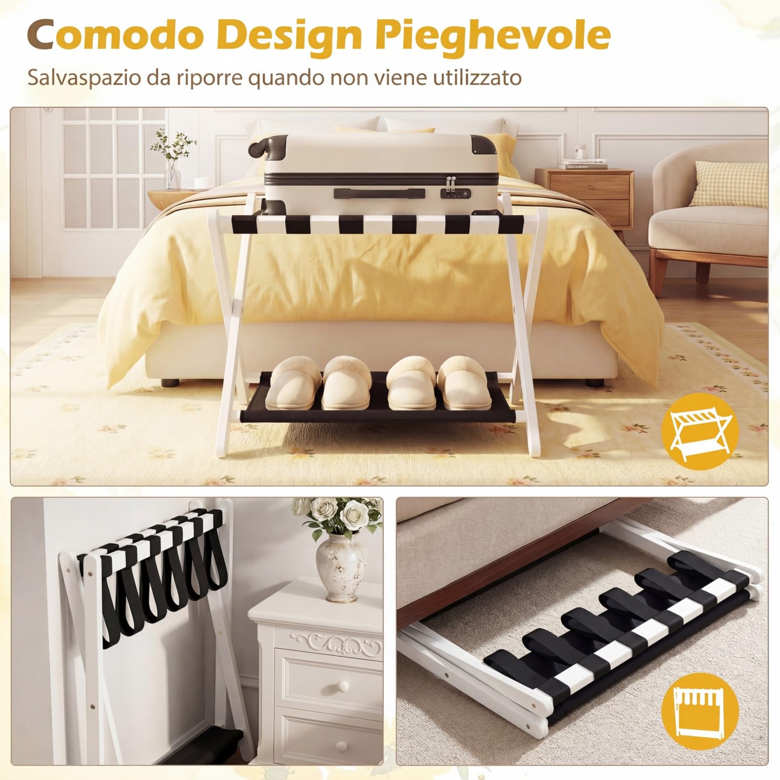 COSTWAY Portavaligie Pieghevole, Porta Valigie con Struttura in Legno Massello, Portapacchi a 2 Ripiani per Hotel e Viaggio, Portata 60 kg (1 pz,Bianco)