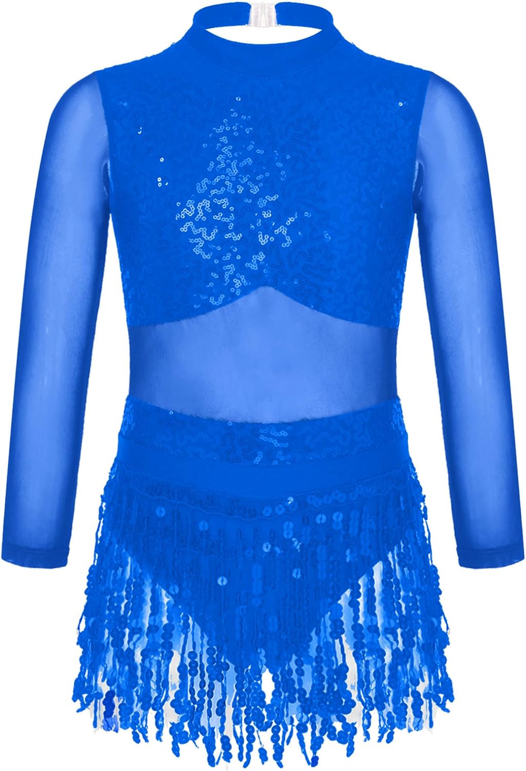 JEATHA Big Girls Latin Jazz Modern Dance Costume Sequins Cut Out Back Leotard Tassel Dress Dancewear