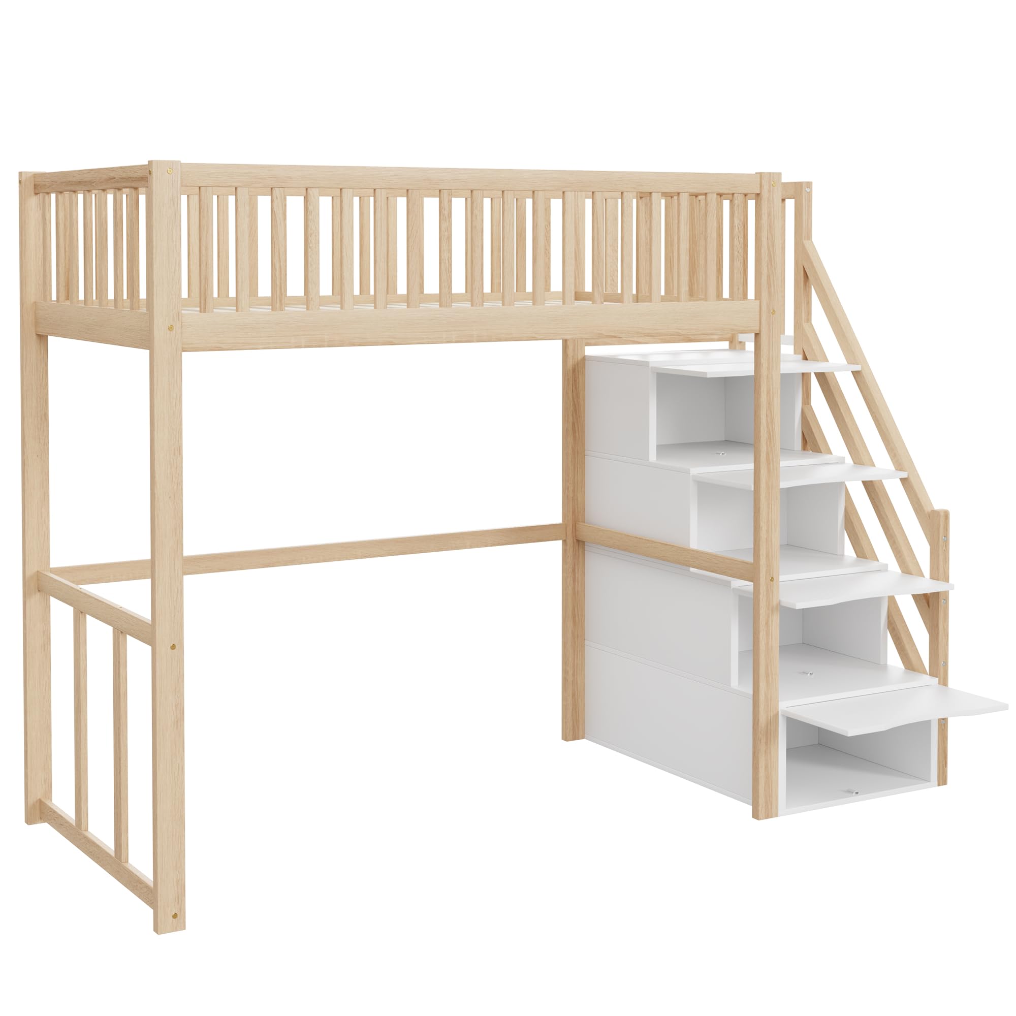 ZYLOYAL10 Hochbett 90x200 mit Sicherheits-Aufbewahrungsleiter, Bettgestell aus massivem Kiefernholz für Kinder und Jugendliche (Holzfarbe)