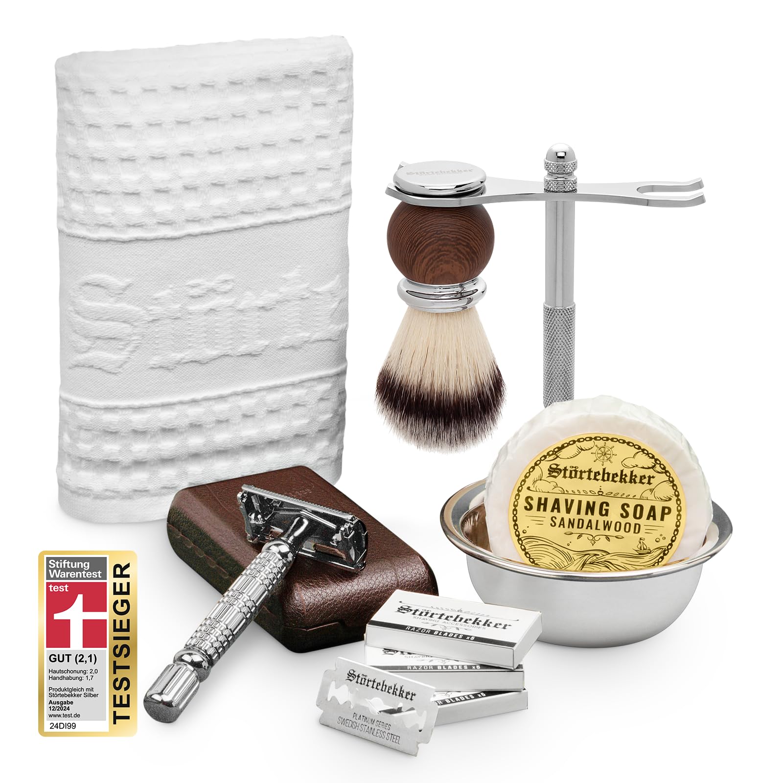 Störtebekker® zestaw koneserów – wysokiej jakości zestaw do golenia do perfekcyjnego golenia – w zestawie maszynka do golenia, pędzel do golenia, mydło do golenia, drewno sandałowe, miska do golenia,