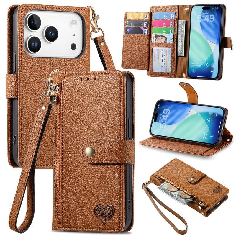 Étui iPhone 17 Pro marron haute finition en cuir style portefeuille à fermeture à glissière