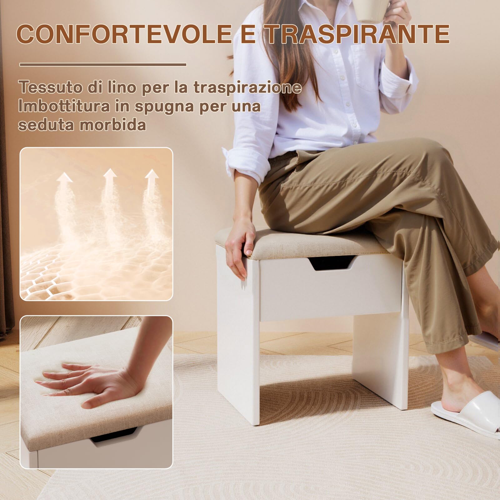 Airfish Sgabello Toilette da Trucco,Sgabello da Trucco con Contenitore per Camera da Letto,41x37.5x30 cm,Bianco