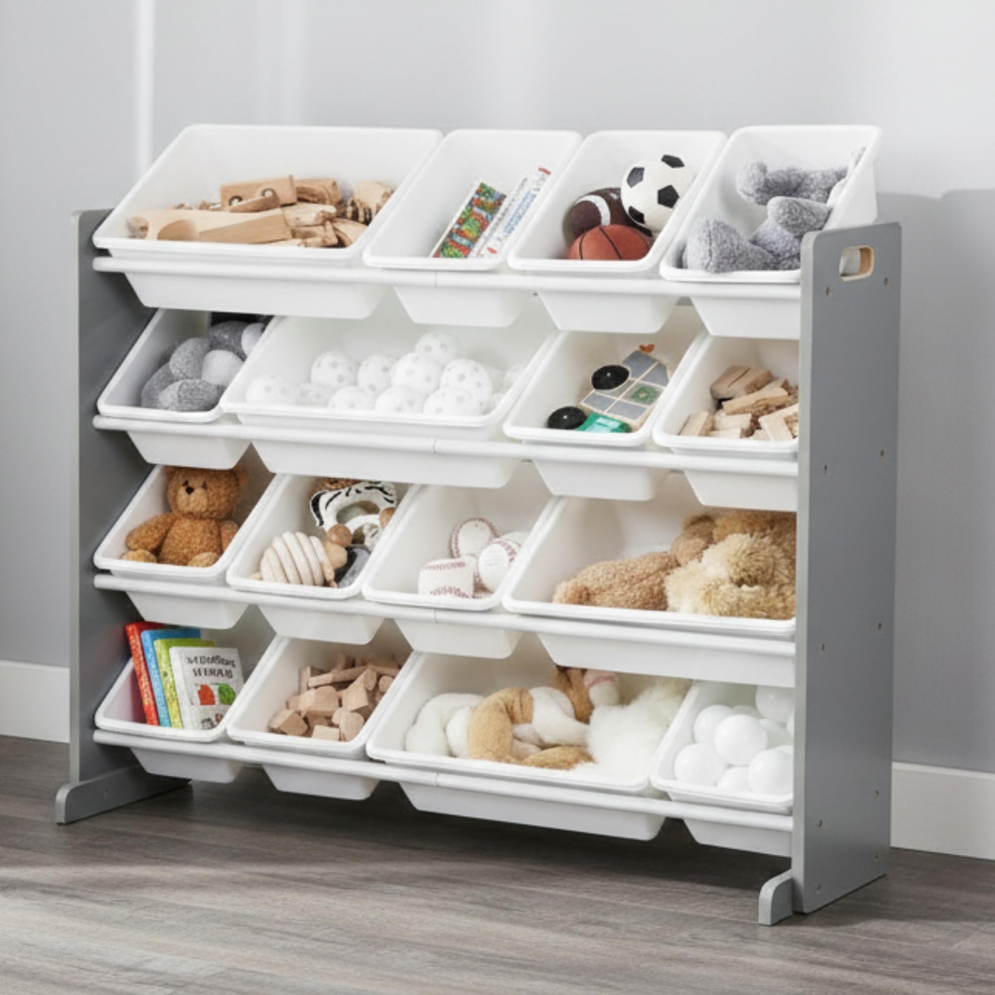Humble Crew estantería Infantil Gris/Blanco: 16 Cajas Almacenamiento, Madera, Organiza Juguetes, Segura, Moderna, fácil Montaje