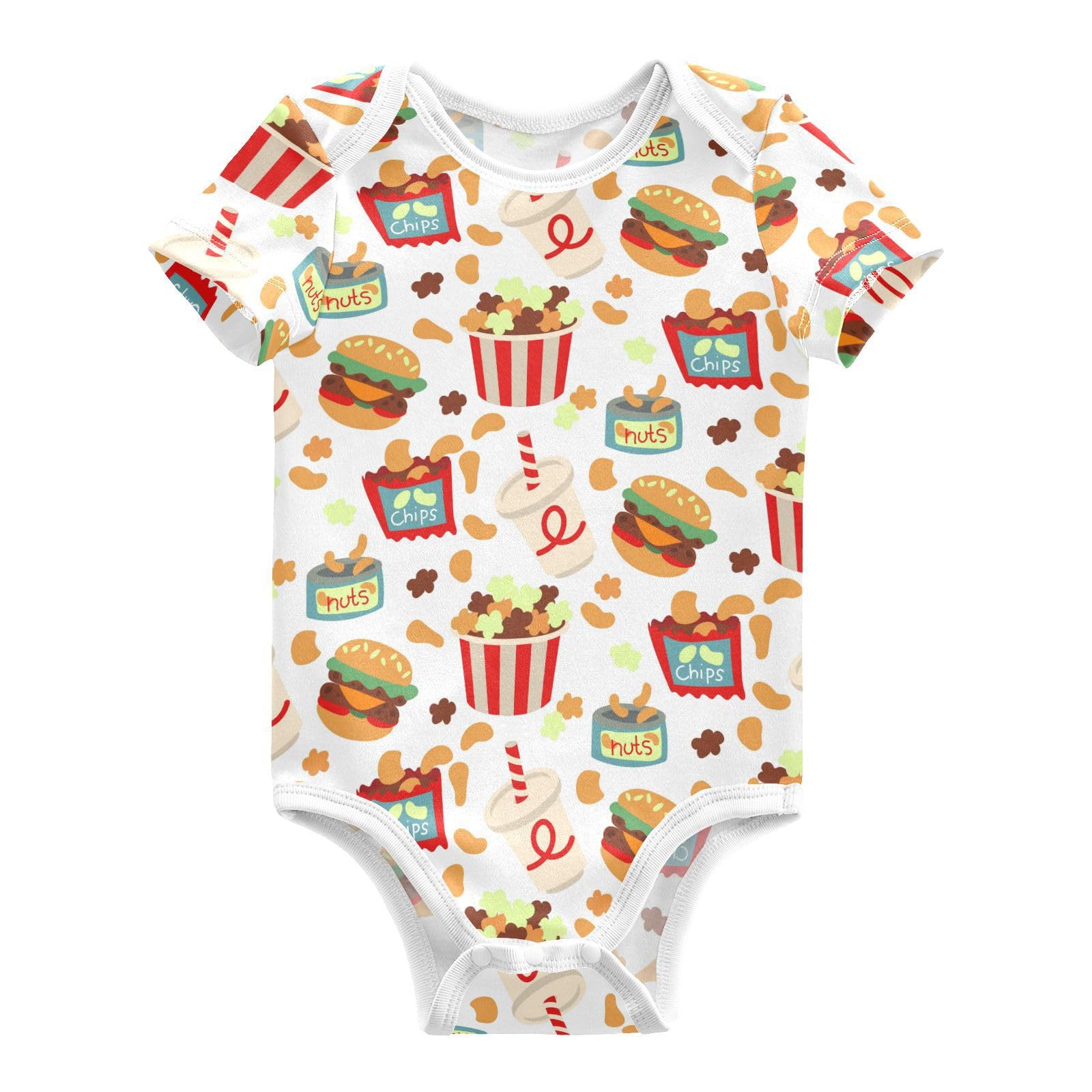 Wusikd Popcorn Chips Unisex Baby Bodysuit Cotton Hamburger Cartoon Baby Short Sleeve Clothes 12 Months for Boys Girls