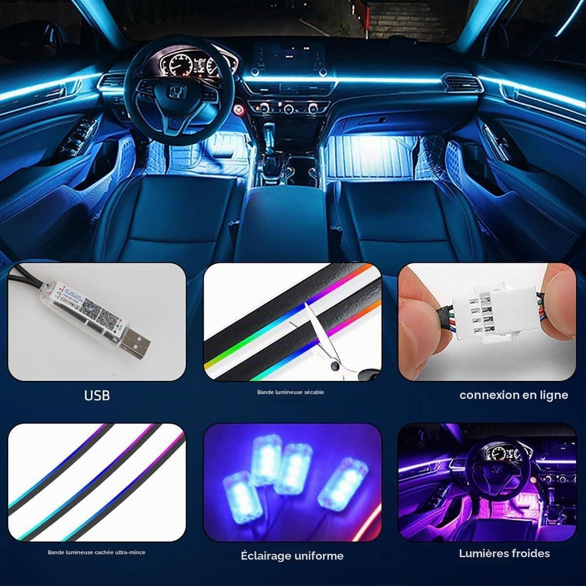 NeoFlow Dynamic RGB Interior Light Kit, Lampe LEDs Voiture Interieur, RGB Bande LED Voiture, Éclairage Intérieur, Contrôle APP, Lampe LED Accessoire Voitures, Accessoire Voitures Interieurs (A)