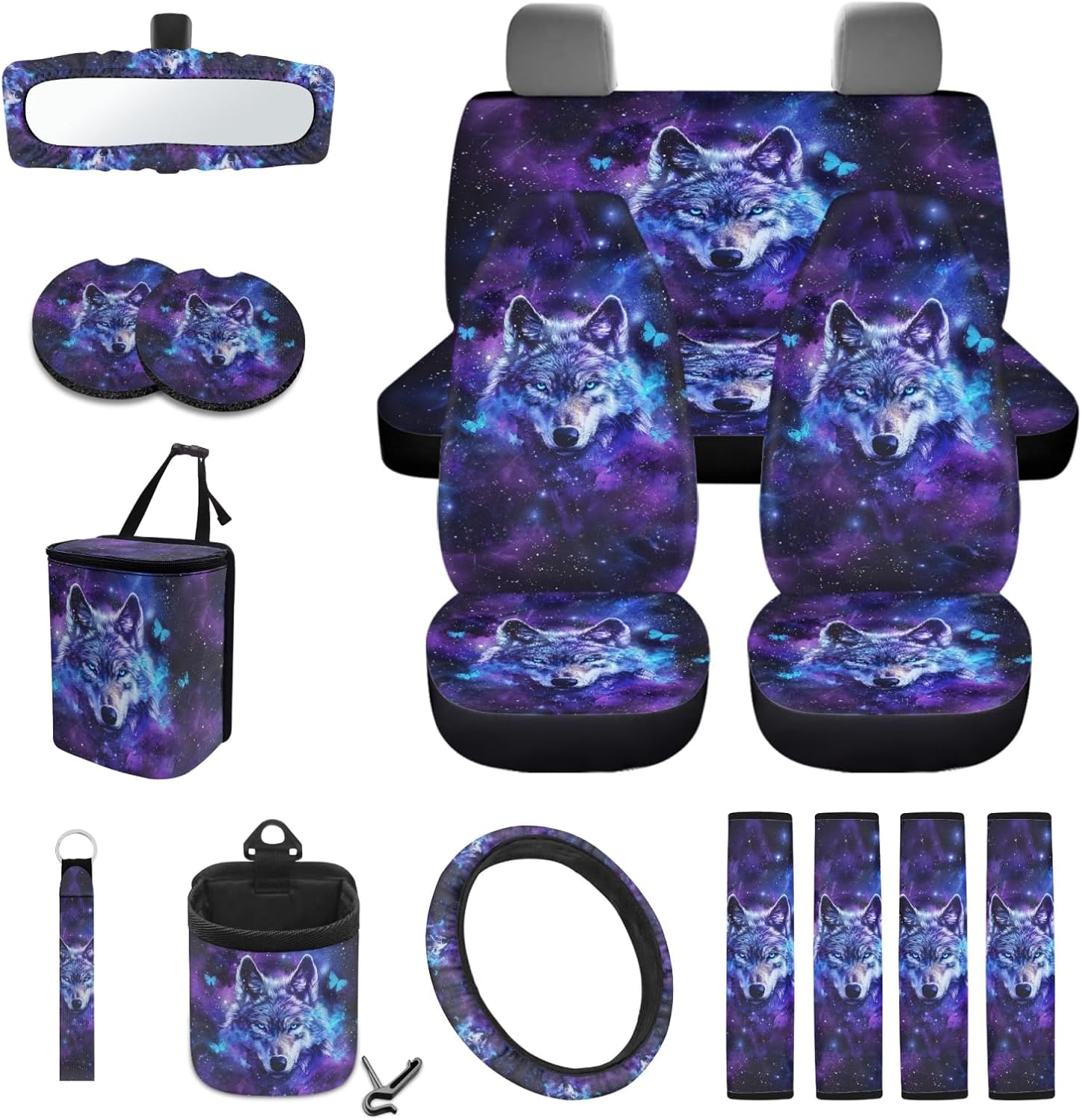 NDISTIN Wolf Car Accessories Sets 15 PCS Auto Seat Protector Steering Wheel Cover Seatbelt Shoulder Pad Starry Sky Car Trash Can Rearview Mirror Cover Air Vent Pocket Coasters Keychain for SUV Van