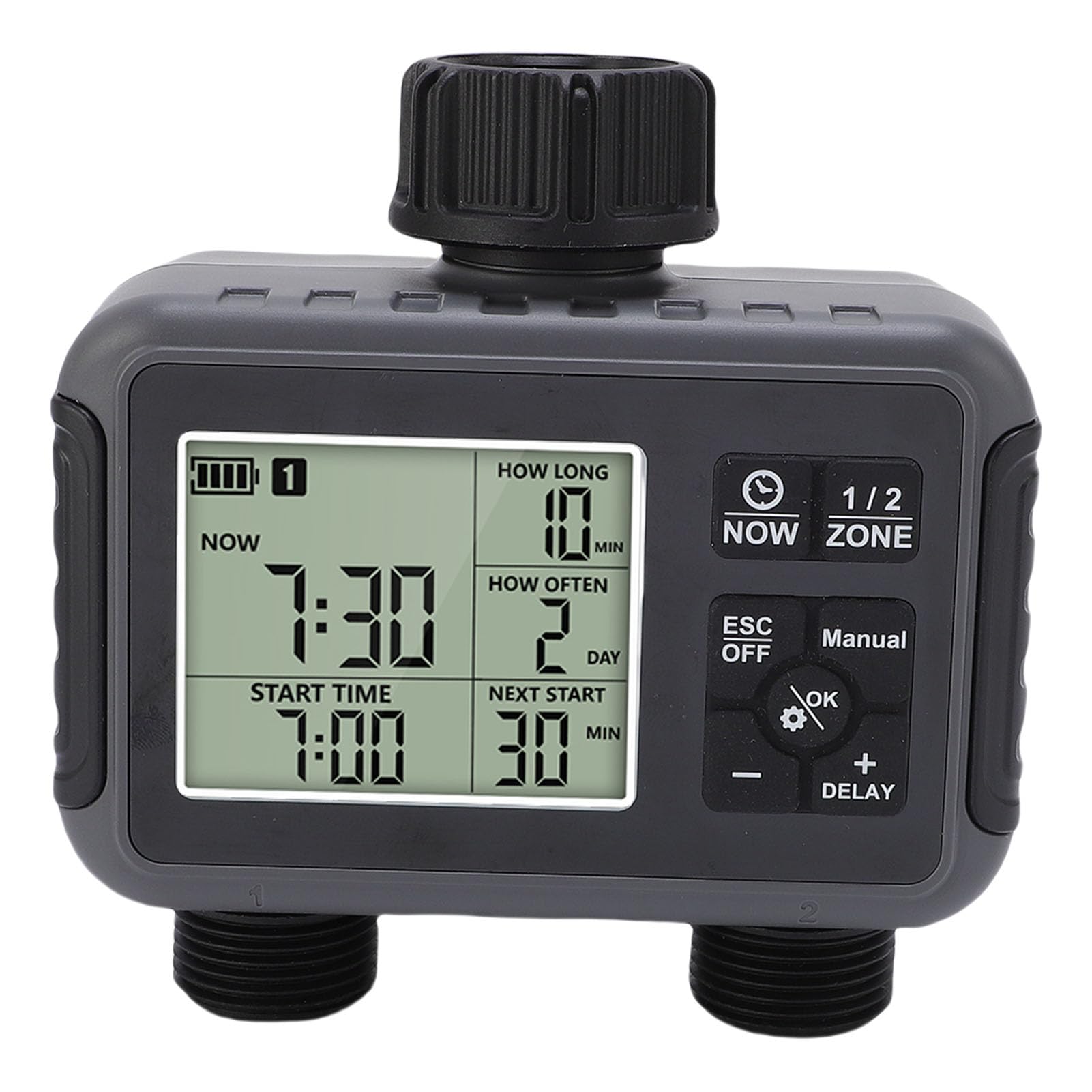 Aramox Temporizador de Riego, Temporizador de Riego Automático ABS con Pantalla LCD, Ajuste de Grifo de 2 Zonas de 3/4 a 1/2 Pulgada, IPX5 con Batería para Jardín Al Aire Libre Patio