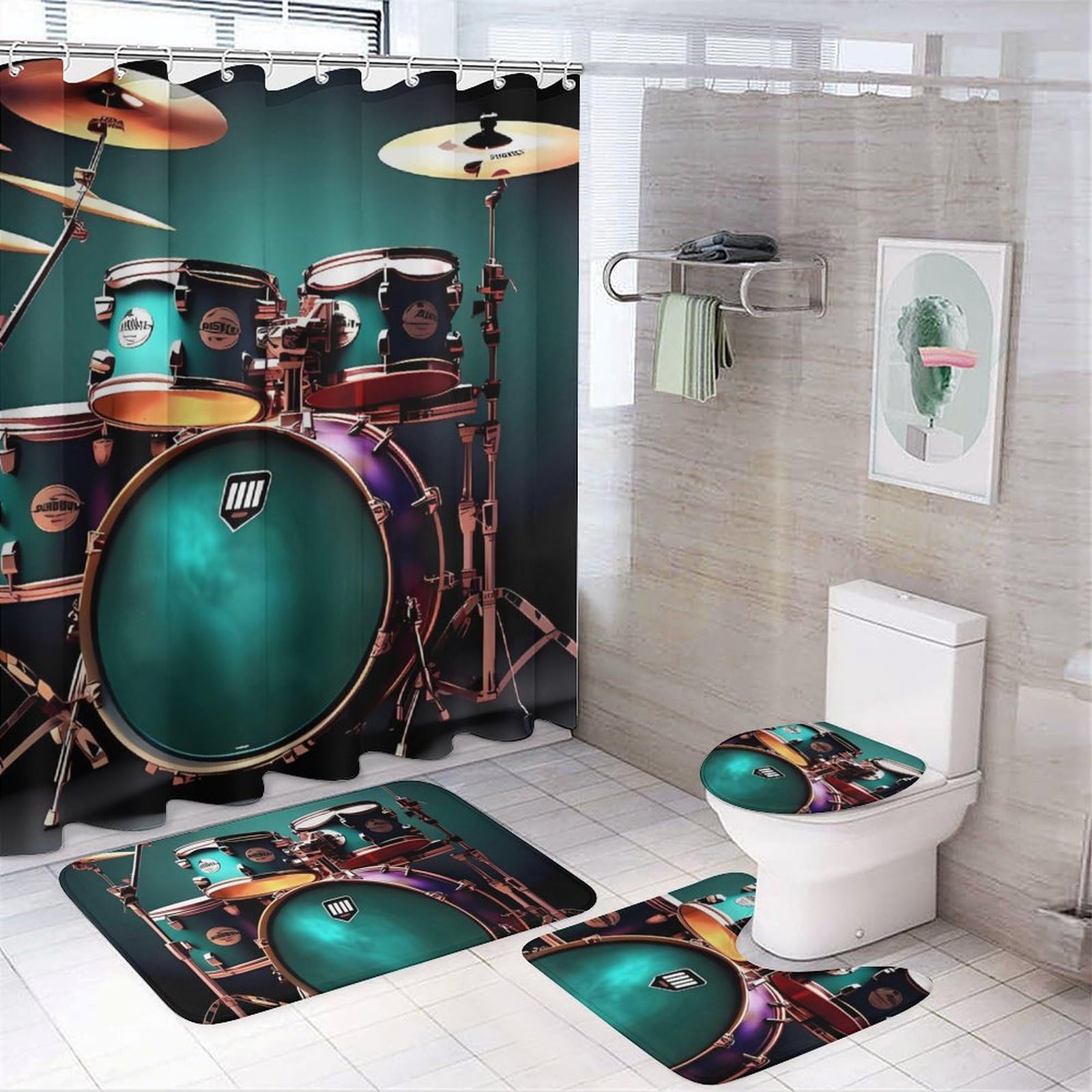 Tapis de bain antidérapant et rideau de douche Cool Drum Set : ensemble de toilette 4 pièces
