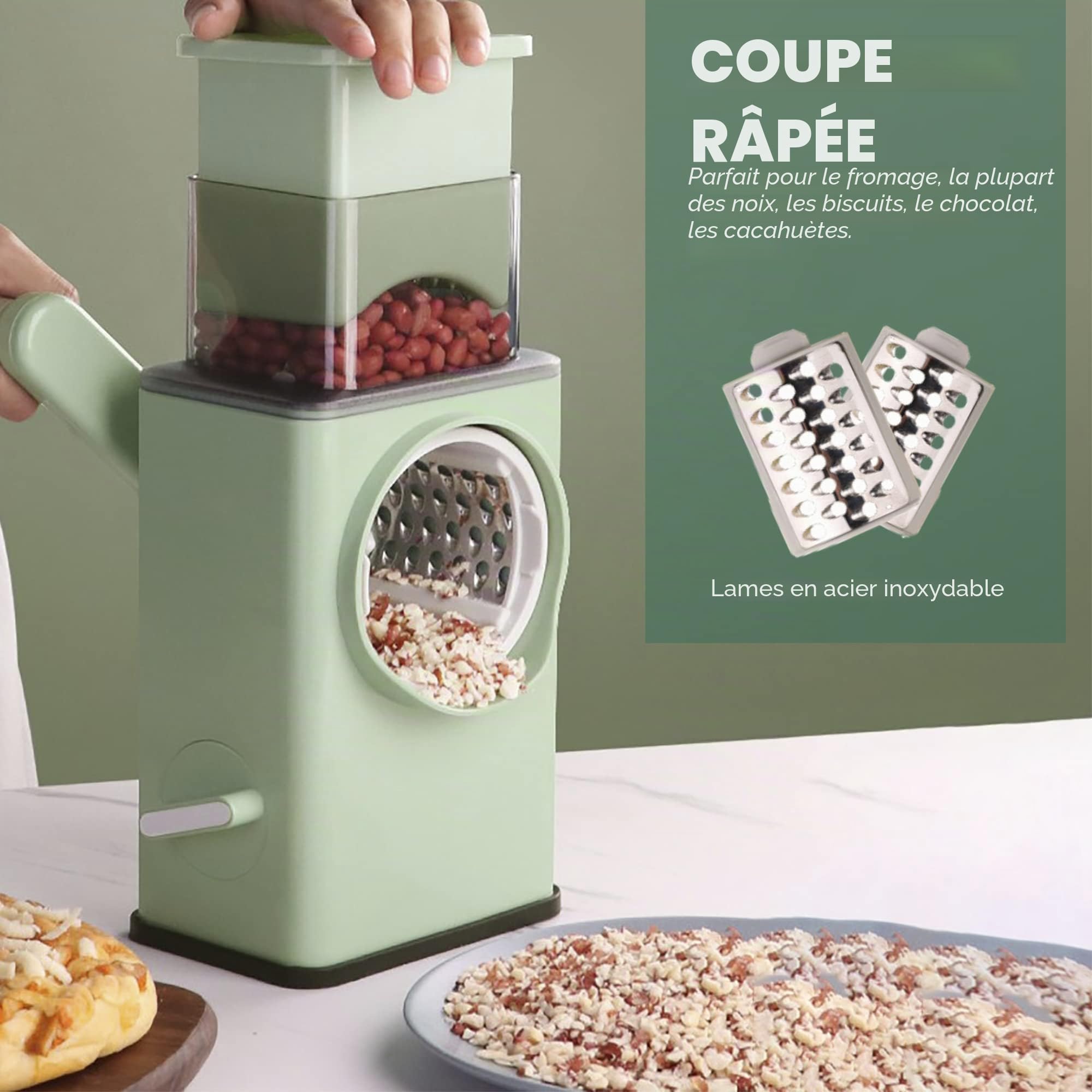 Râpe à Légumes 3 en 1. Mandoline de Cuisine Multifonctionnelle. Tambour Coupe-Légumes, 3 Lames en Acier Inoxydable. Râpe à Fromage, Hachoir à Pommes de Terre (Haché, Tranché, Julienne).