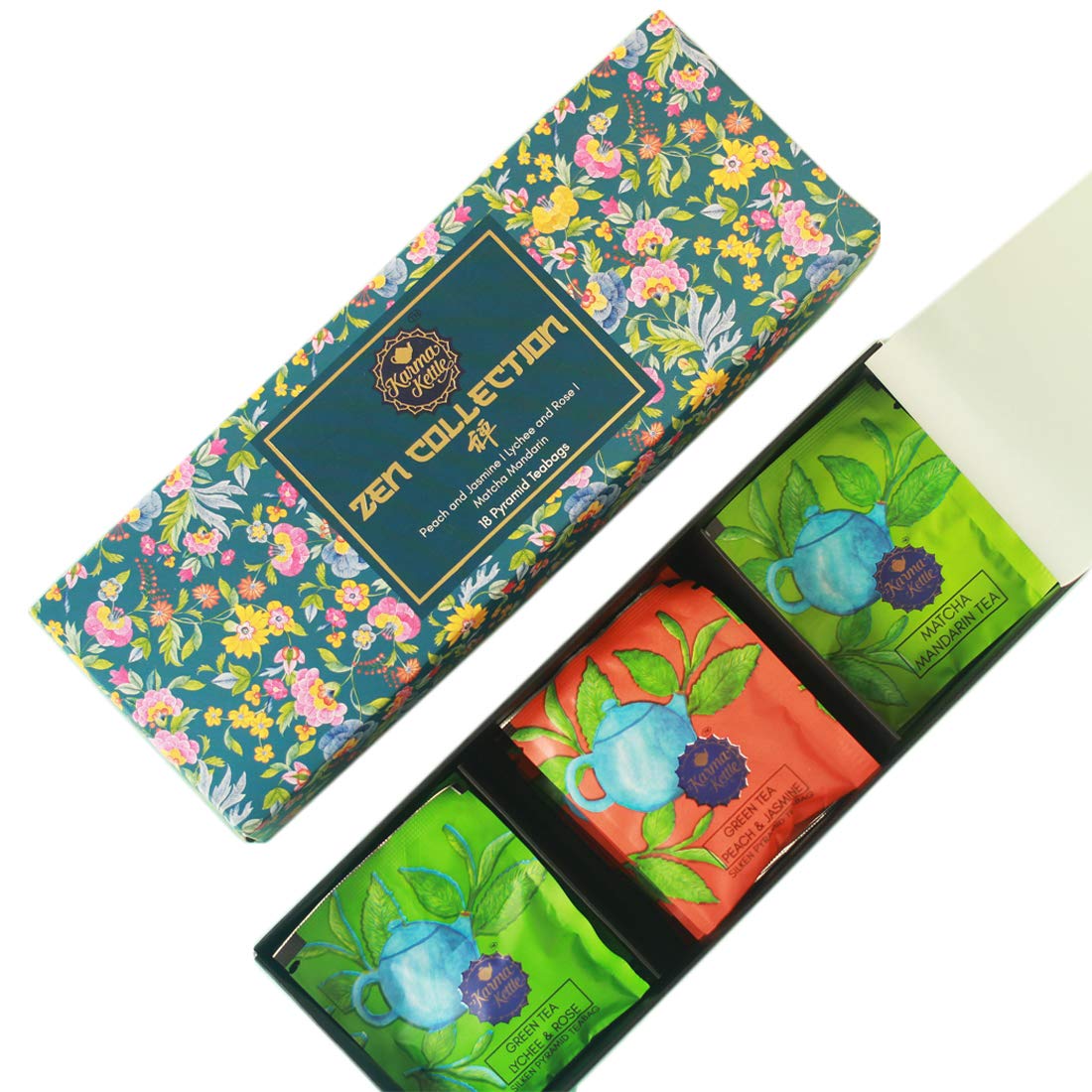 Karma Kettle Zen Collection Gift Box | Festive Pack | Matcha Mandarin, Peach & Jasmine Tea, Lychee & Rose - Image 2 thumbnail