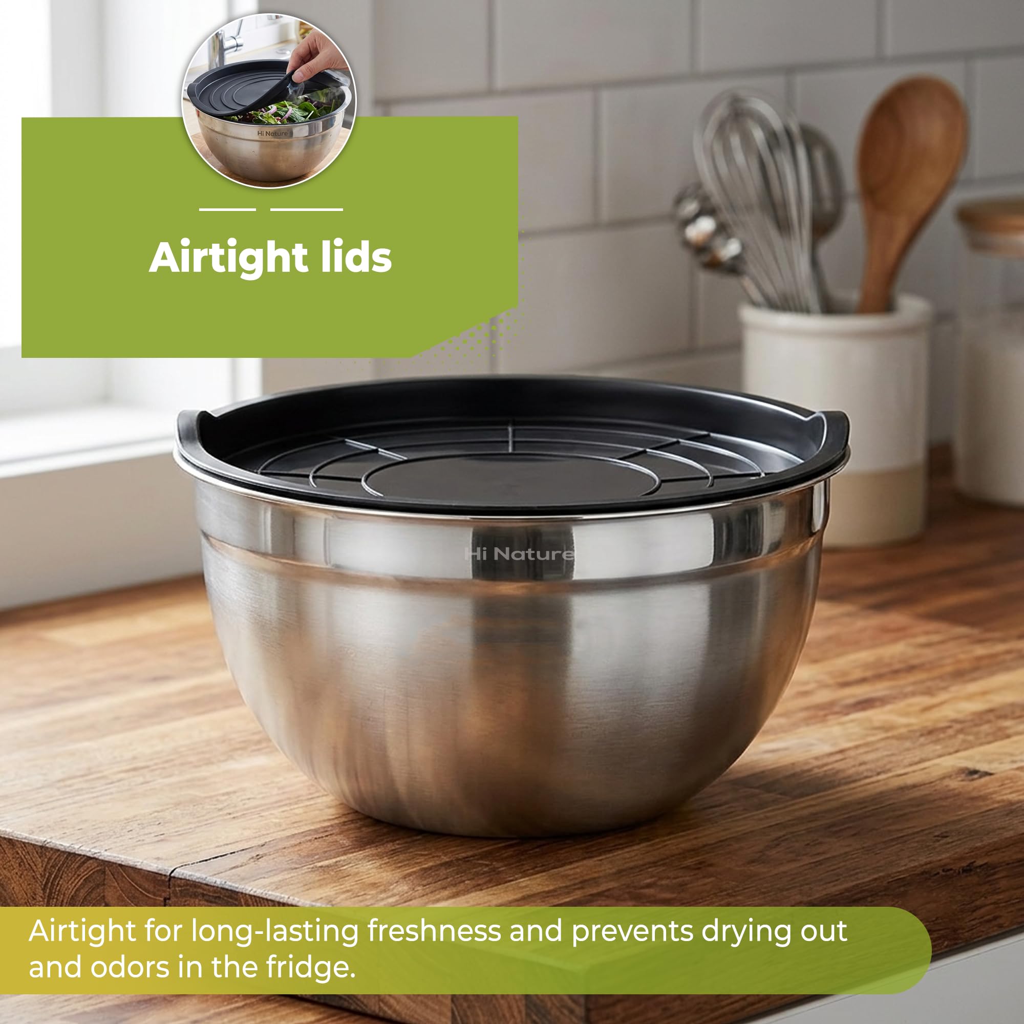 Hi Nature™ Rührschüssel Set mit Deckel Edelstahl – 6-teiliges Edelstahl Rührschüssel Set mit Deckel – Schüsselset rutschfest & stapelbar – Spülmaschinenfest – Schalen 1.4L/1.9L/2.4L/3.2L/5L /6.5L
