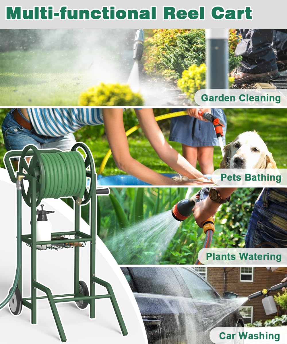 Artigarden Carrello avvolgitubo con 2 ruote, supporto per tubo dell'acqua da giardino, resistente in acciaio verniciato a polvere, per esterni, contiene tubi da 38,1 m 5/8" con cestino e tubo da 1,2 m