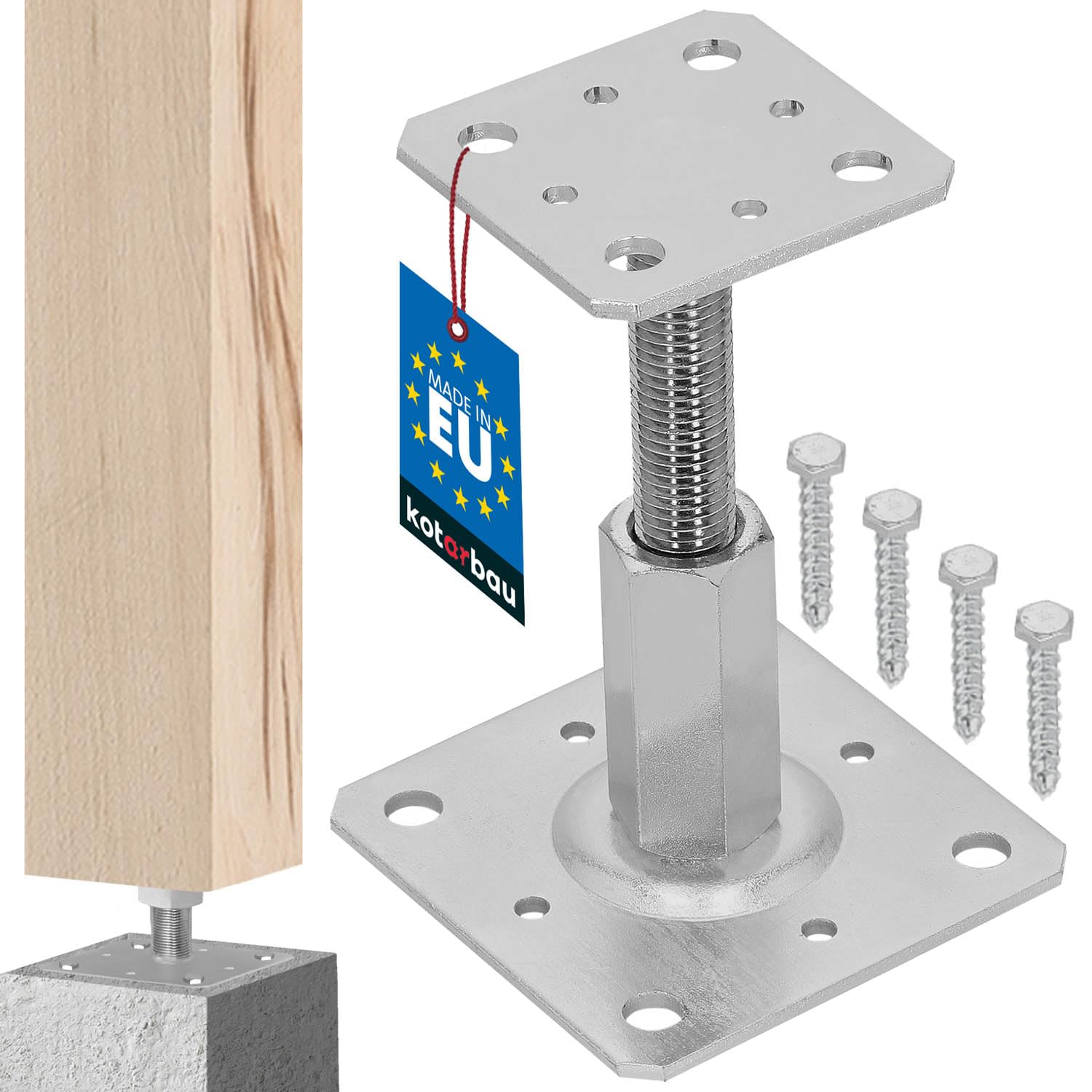 KOTARBAU® Fence Post Support - Post Base - Galvanised Steel - 80x80 mm (3.15x3.15 inches) - Silver - Adjustable Height 90–150 mm (3.54–5.91 inches) - Heavy Duty