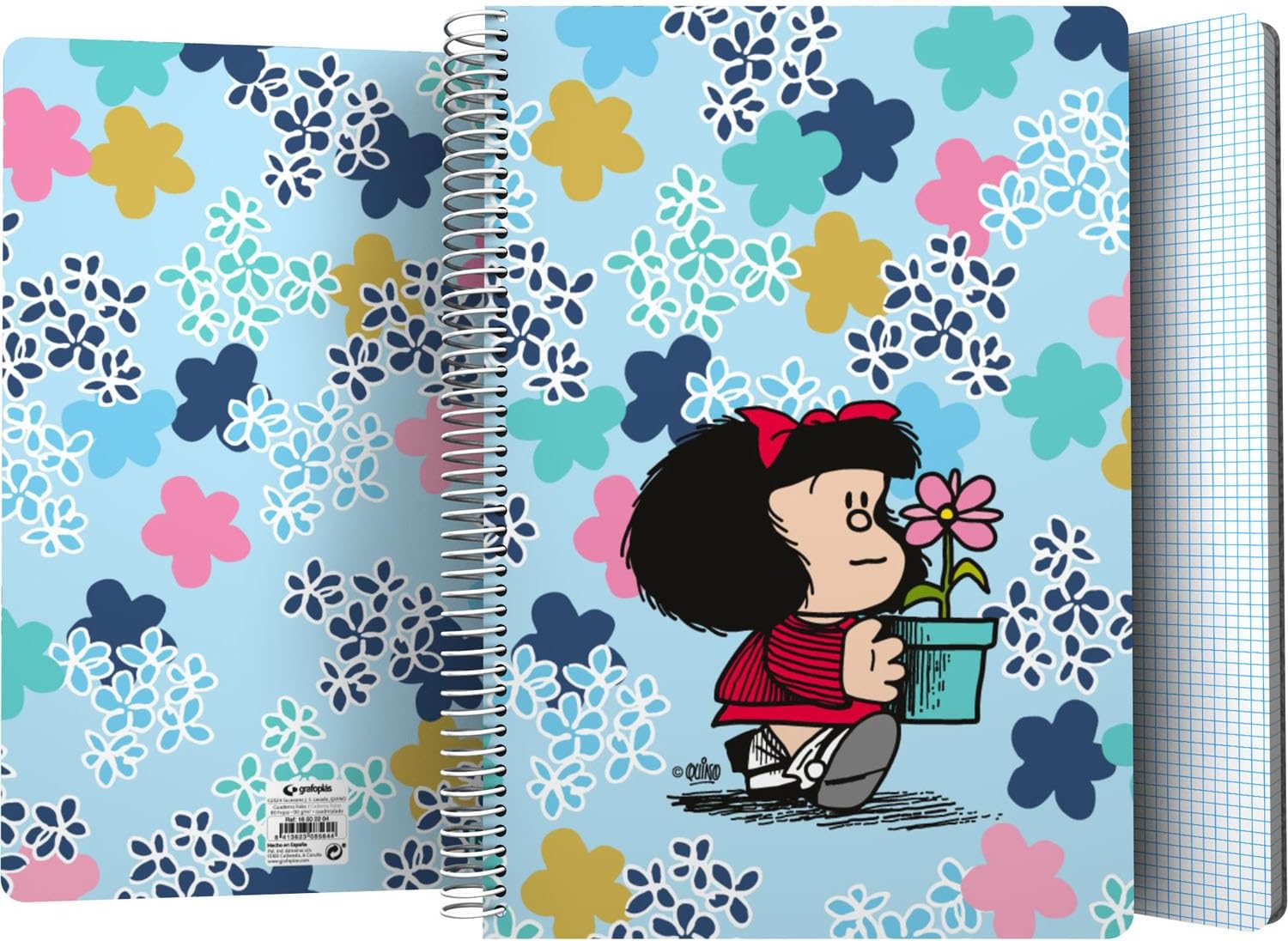 Grafoplás | Plastic Cover Notebook | 80 Squared Sheets 4x4 90g | Folio Size | Spiral | Lively Mafalda Design Collection | FSC Certified | Ideal as School Supplies