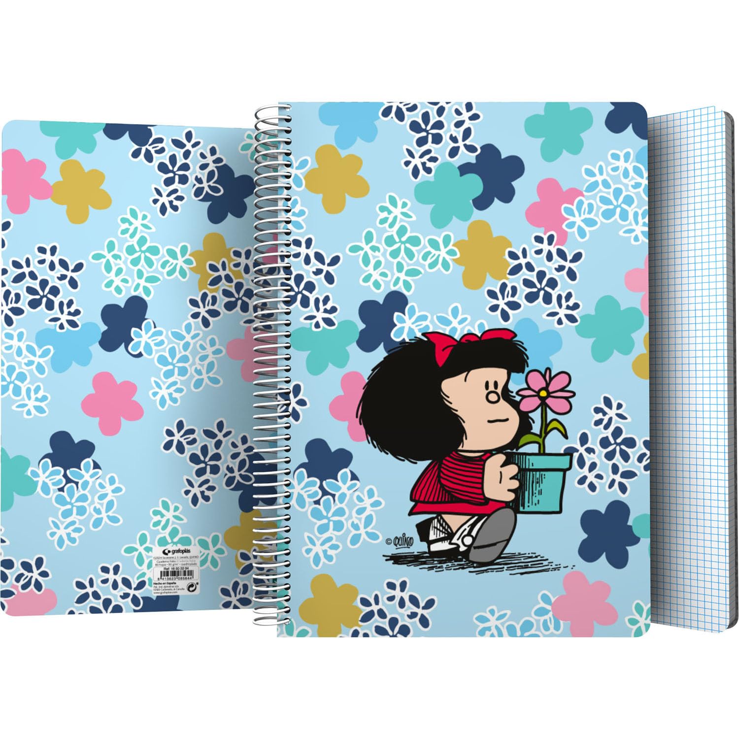 Grafoplás | Plastic Cover Notebook | 80 Squared Sheets 4x4 90g | Folio Size | Spiral | Lively Mafalda Design Collection | FSC Certified | Ideal as School Supplies