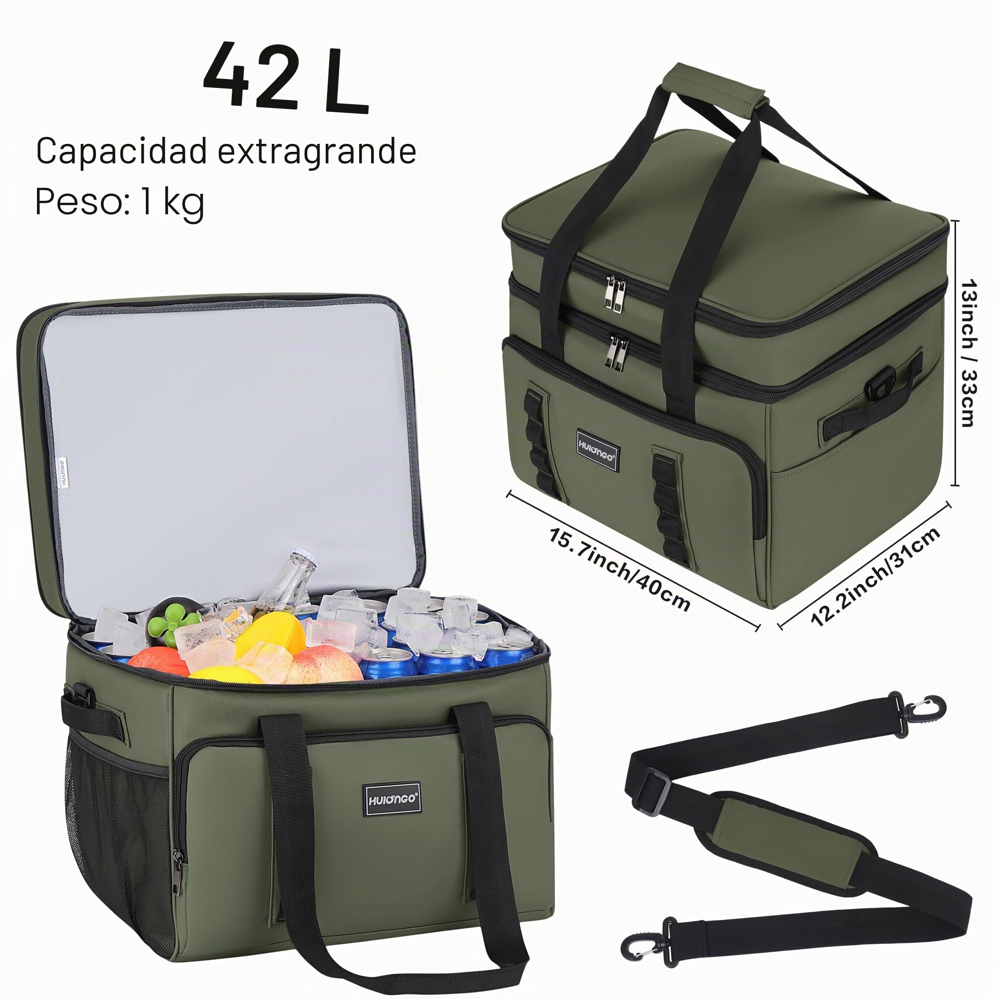 Hulongo Bolsa Térmica Isotérmica Grande Bolsa Nevera Doble Impermeable a Prueba de Fugas para Picnic, Viajes, Camping, Compras y Pesca, 42L
