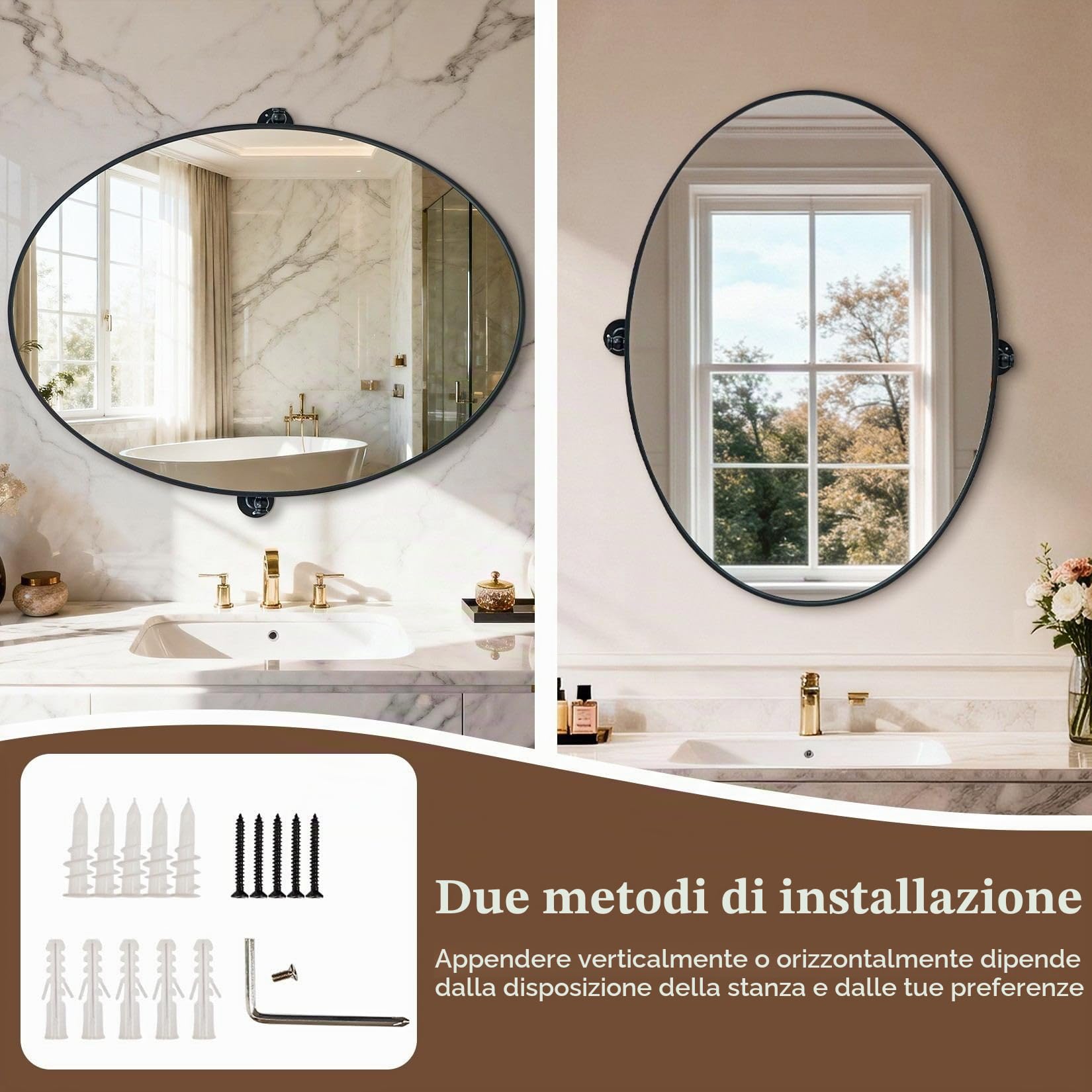 Specchio Angolo Arrotondato Girevole ±9° Telaio in lega di alluminio 50x70cm Nero Ovale