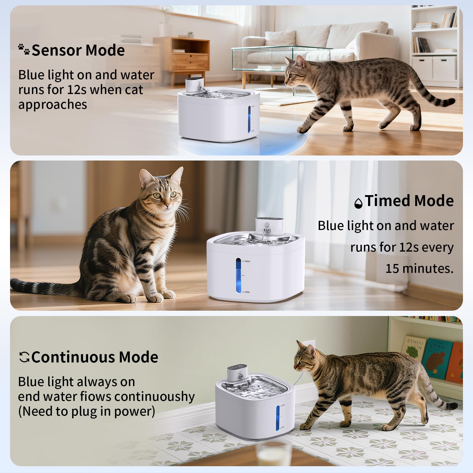 Wireless Cat Water Fountain, 118oz/3.5L Battery Operated Pet Water Dispenser with Stainless Steel Tray, Ultra Quiet Automatic Fountain with Motion Sensor for Cats Dogs (Cat Fountain+8Filters) - image 2