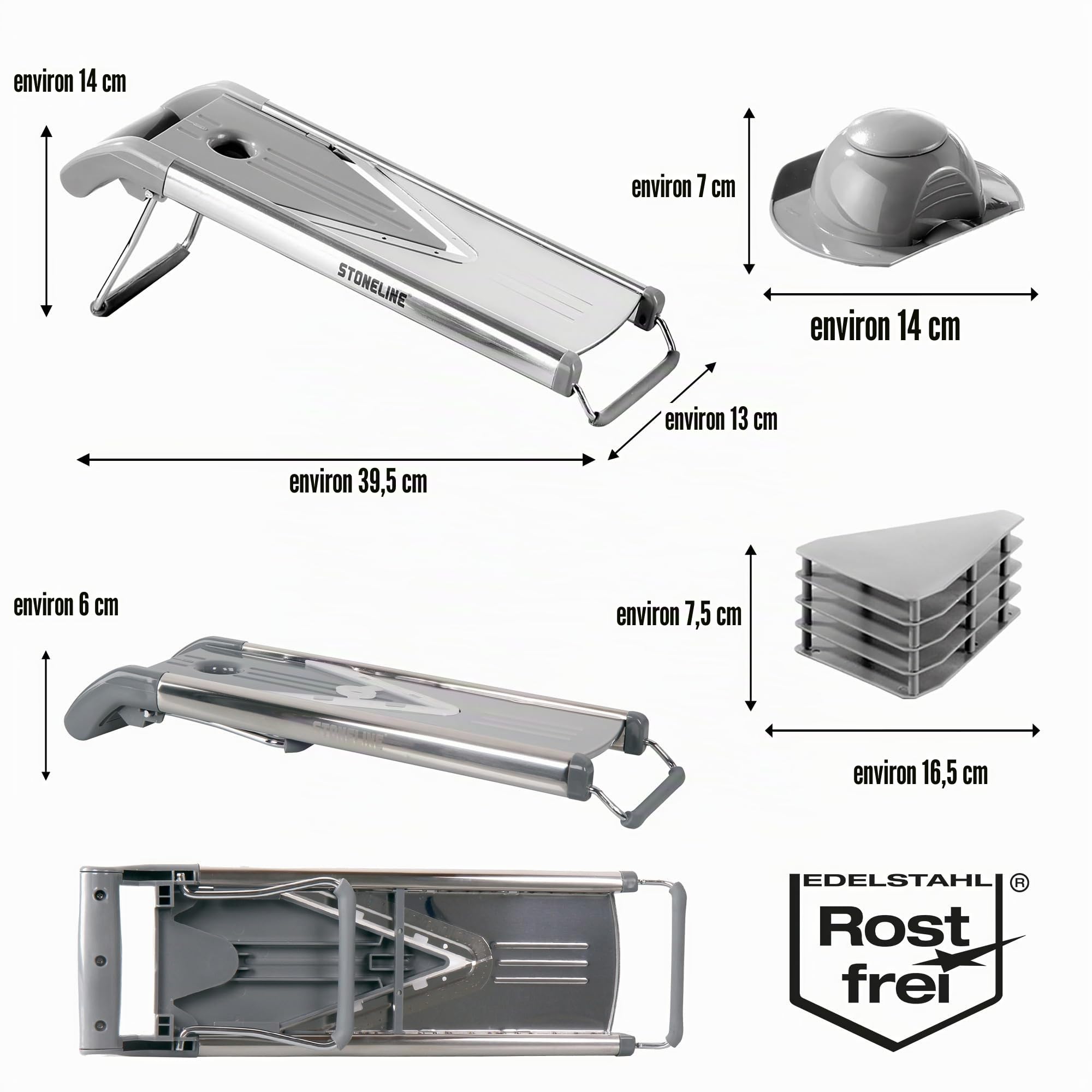 STONELINE Râpe en V, Mandoline à Légumes, polyvalente, pour pour Frites, Coupe-Légumes, avec 5 embouts, Set de 9 Pièces, en Acier Inoxydable