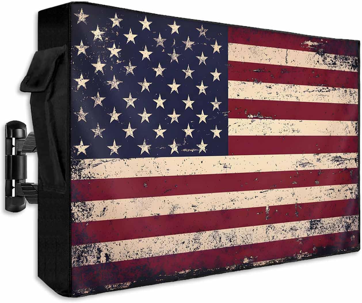 American Flag Vintage Outdoor TV Cover 70 to 75 Inch Weatherproof, Rustic 600D Oxford Waterproof TV Covers with Zipper, Stars And Stripes US Flag Outside Flat TV Screen Protector Size 68"Wx42"Hx4.5"D