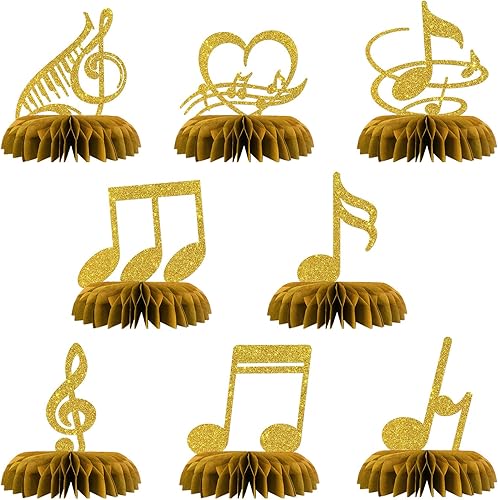 Maicaiffe Decoraciones de centros de mesa de nido de abeja con notas musicales, 8 piezas con purpurina, decoración de mesa para fiesta temática