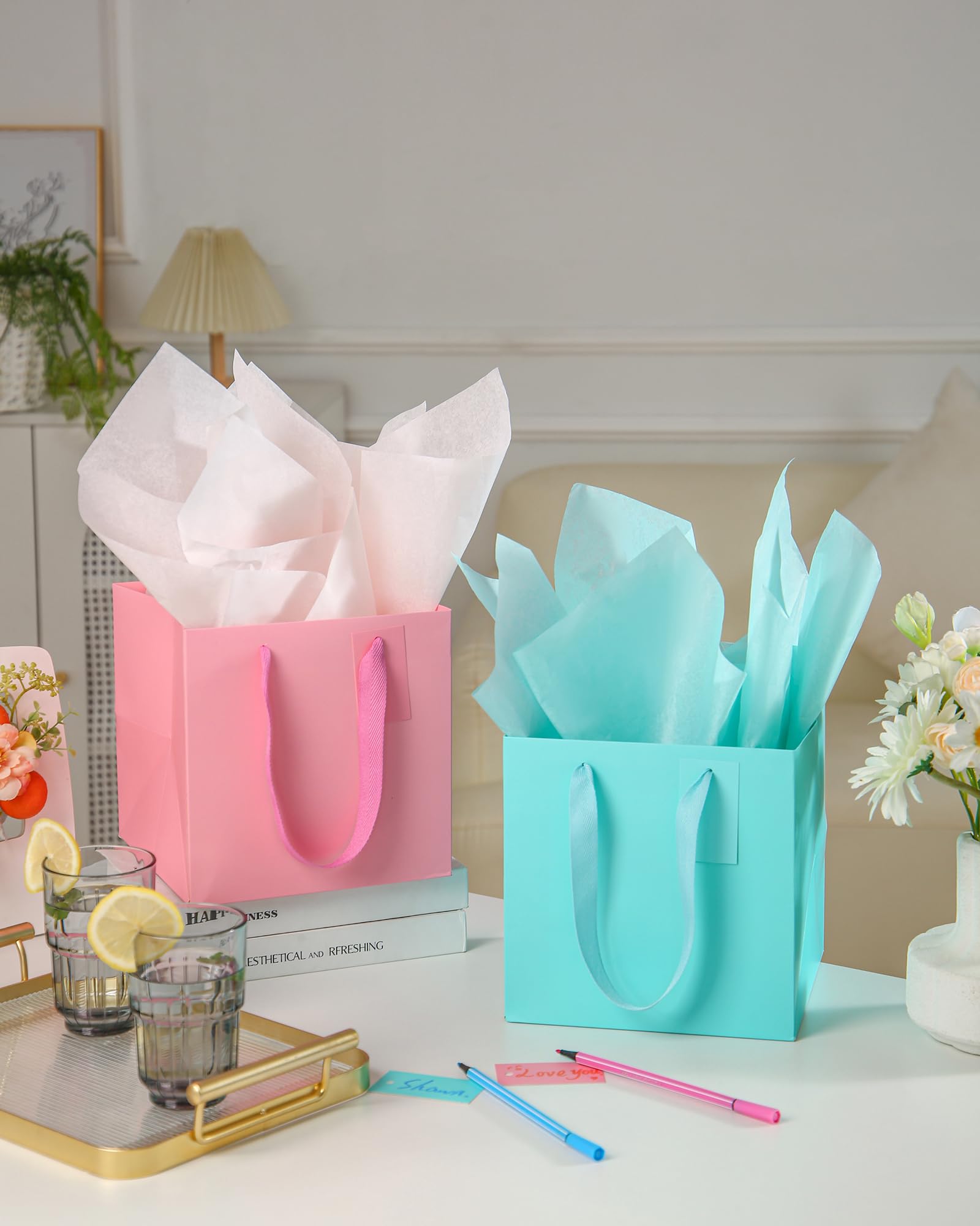 IN-JOOYAA 10 sacchetti regalo quadrati bianchi con carta velina, grandi sacchetti regalo con manici, per regali (30,5 x 30,5 x 30,5 cm)