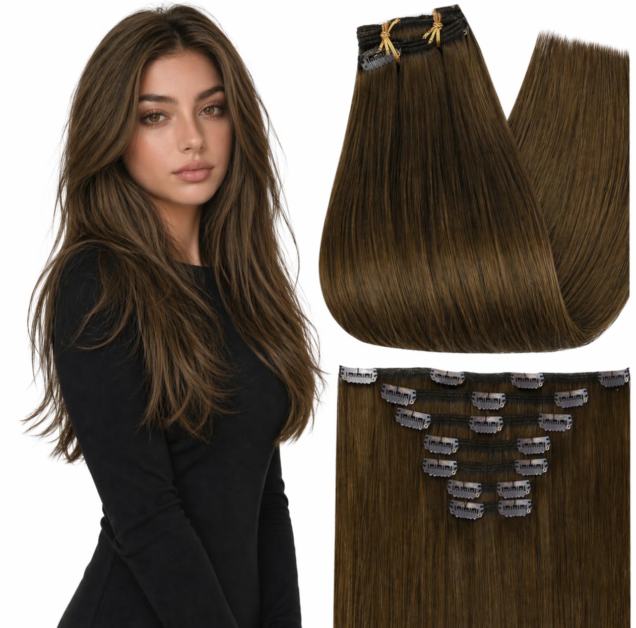 Fshine Clip in Hair Extensions Human Hair, 1B Natural Black, 10 Inch, 95G, 7 Pcs, Double Weft Real Remy Brazilian Hair, Add Volume for Bob Hair, Thick Asian Hair, Short Hair Topper, Easy Clip Glueless — view 14