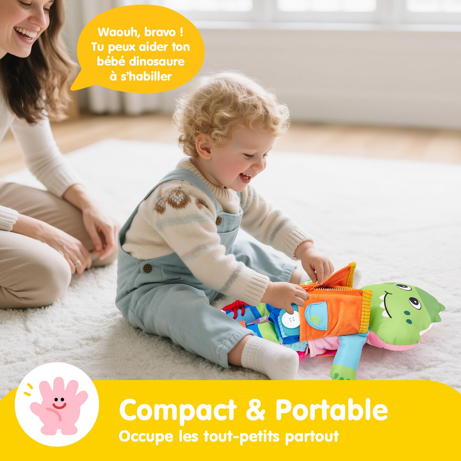 hahaland Poupée Montessori 2-en-1 pour Tout-Petits 1–3 Ans, Poupée Éducative en Peluche Réversible Licorne & Dinosaure, Motricité Fine, Apprendre à S’Habiller, 15+ Fermetures, Cadeau Enfant dès 2 Ans