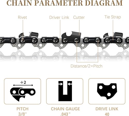 Miniatura 7 de SENSILIN Cadena de motosierra de 16 pulgadas, 56 eslabones de transmisión de 38 pulgadas, paso LP de 0.043 pulgadas, repuesto para EGO, Makita,
