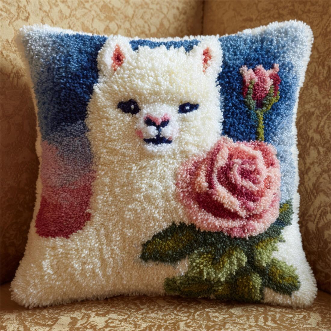 Kitquiver Animal Latch Hook Cushion Kits Alpacas and Roses DIY Tapestry Throw Pillow Cover Needlepoint Cushion Kits for Home Décor Needlework Kit for Beginners 17x17In