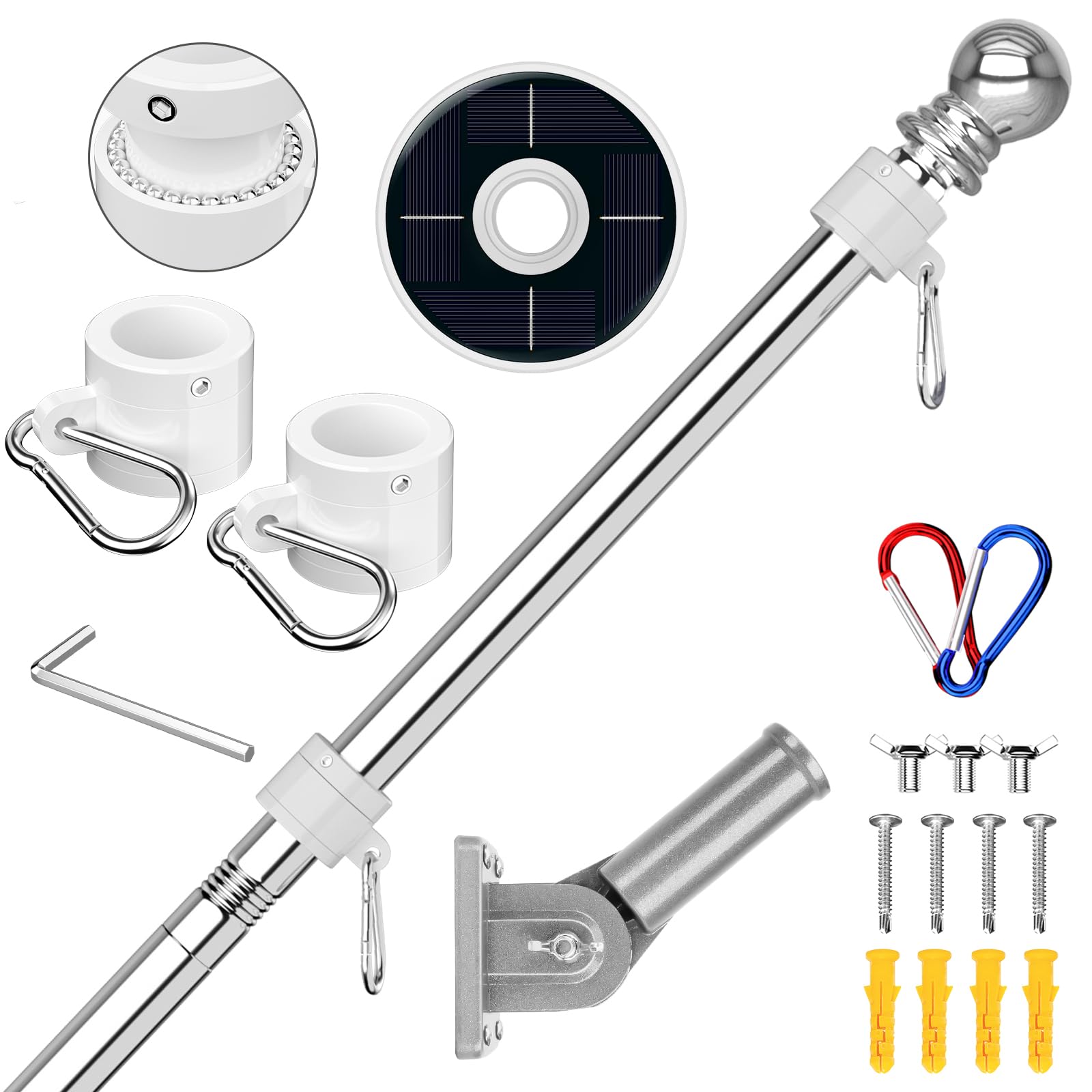 ZMTECH 6FT Solar Fahnenmast Kit, 1,8m Fahnenstange Wandmontage mit Flaggenhalter Solarbetriebene für Balkon Hauswand (ohne Flagge, Silber)