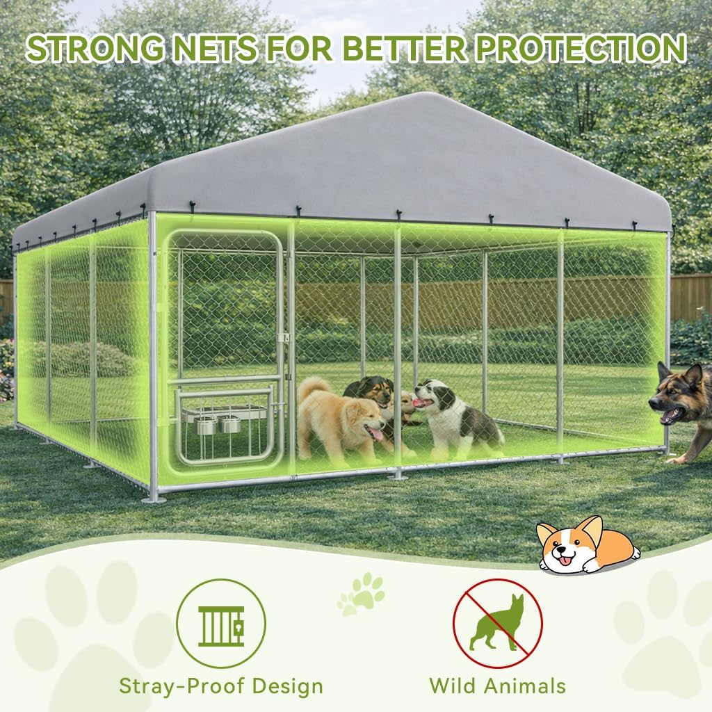 COMHOMA 14.8×14.8FT Outdoor Dog Kennel with Adjustable Bowls Feeder Heavy Duty Extra-Large Dog Enclosure with Roof & Lock All Weather Resistant for Medium Large Dogs